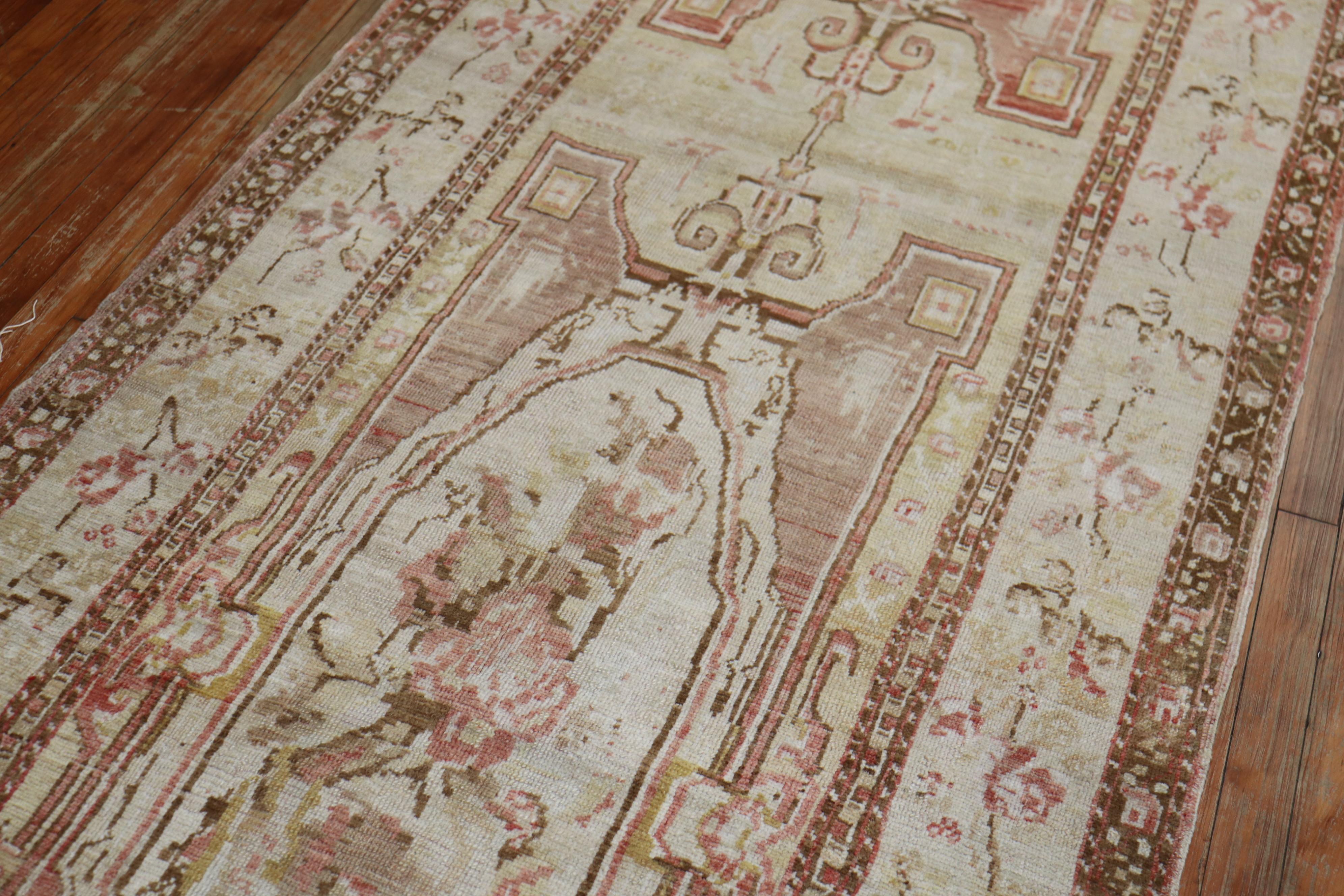 Muted Turkish Ghiordes Floral Wide Runner For Sale 1