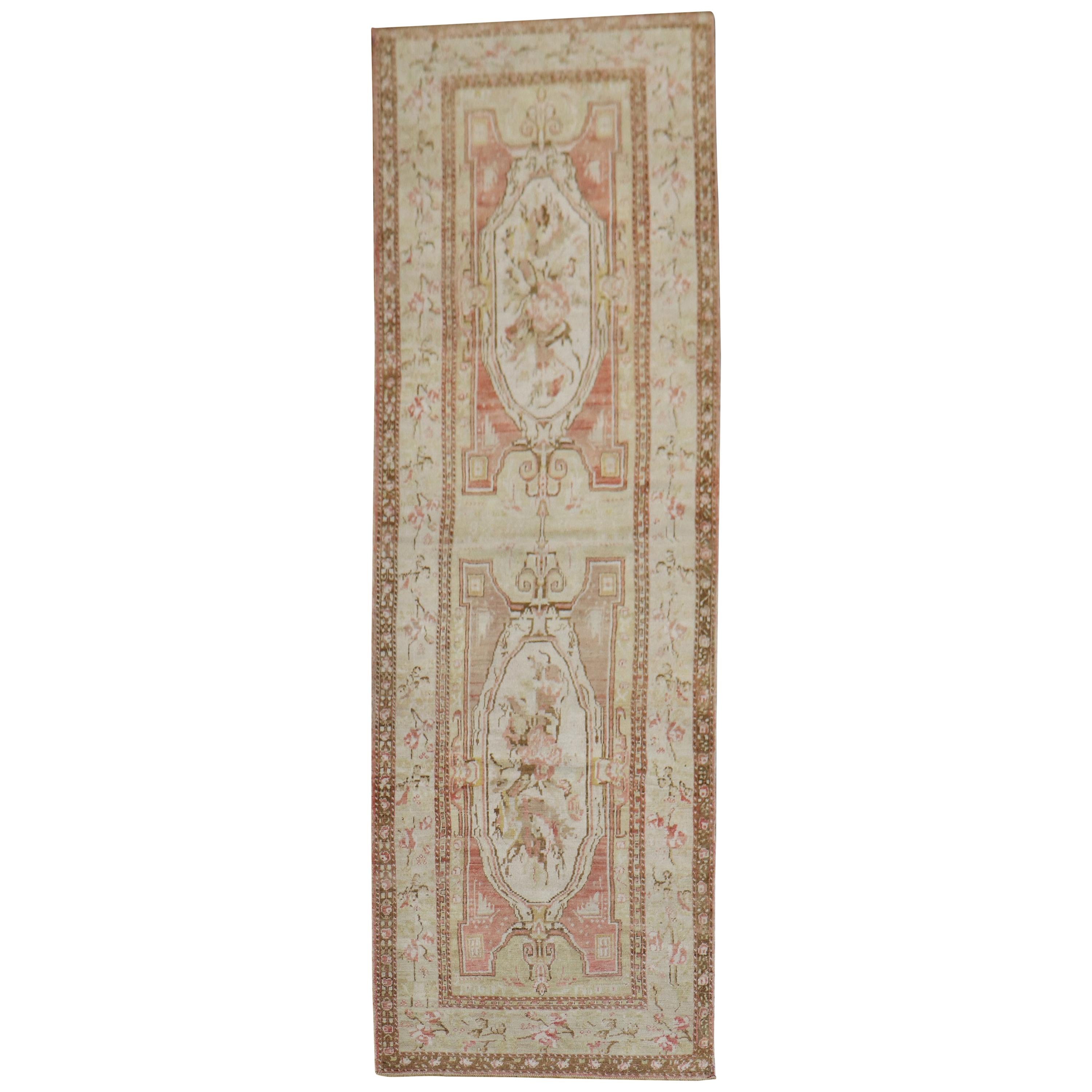 Muted Turkish Ghiordes Floral Wide Runner For Sale
