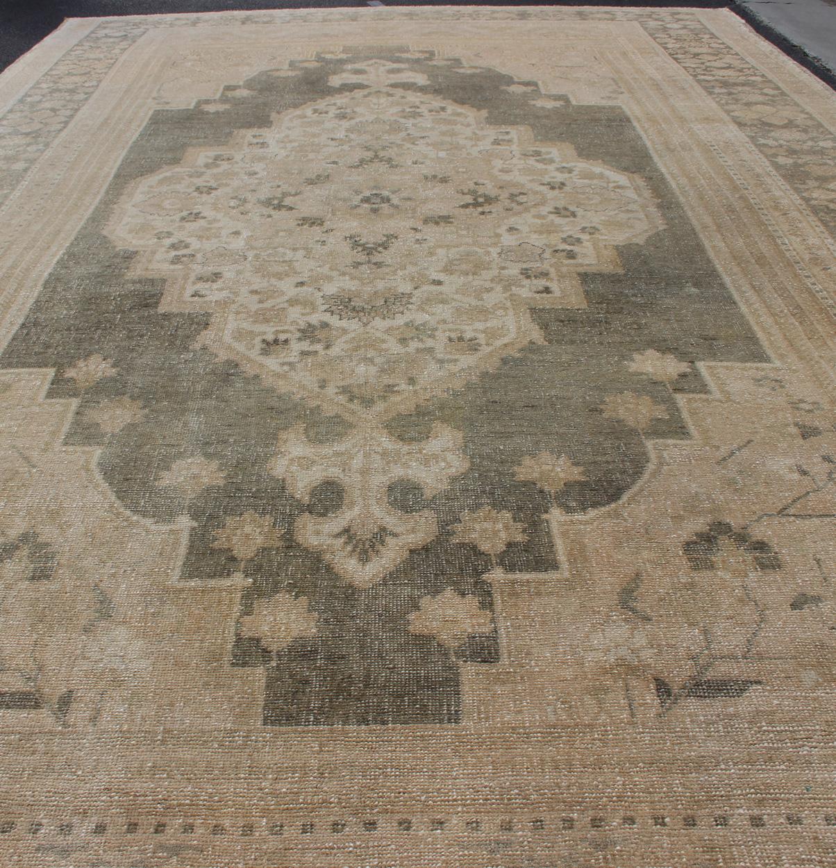 Muted Turkish Large Oushak with Medallion in Olive Green, Tan & Neutrals 1