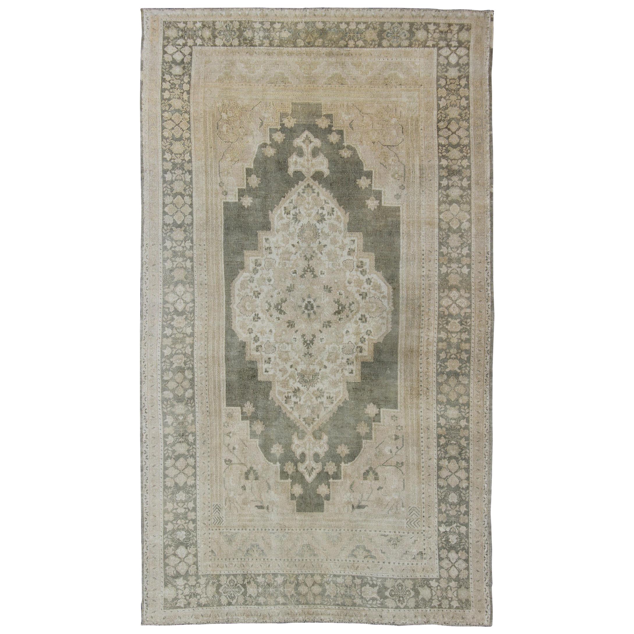 Muted Turkish Large Oushak with Medallion in Olive Green, Tan & Neutrals