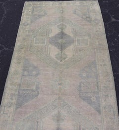 Muted Turkish Oushak Carpet with Two Diamond Medallions in Blue and Gray