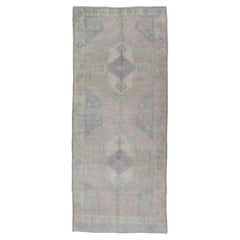 Muted Turkish Oushak Carpet with Two Diamond Medallions in Blue and Gray