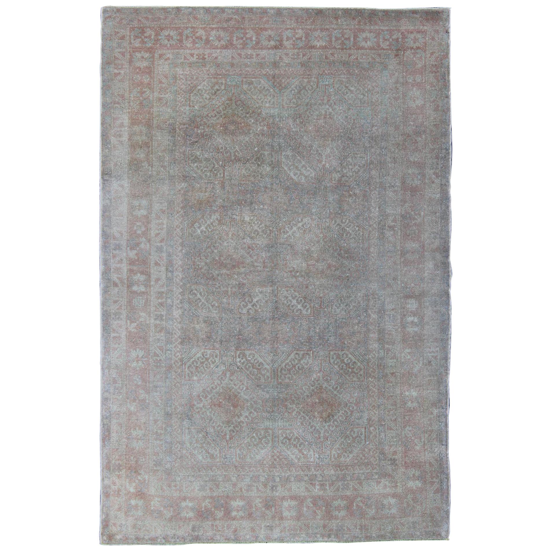 Muted Turkish Rug Antique Oushak with Geometric Design Floating Design For Sale