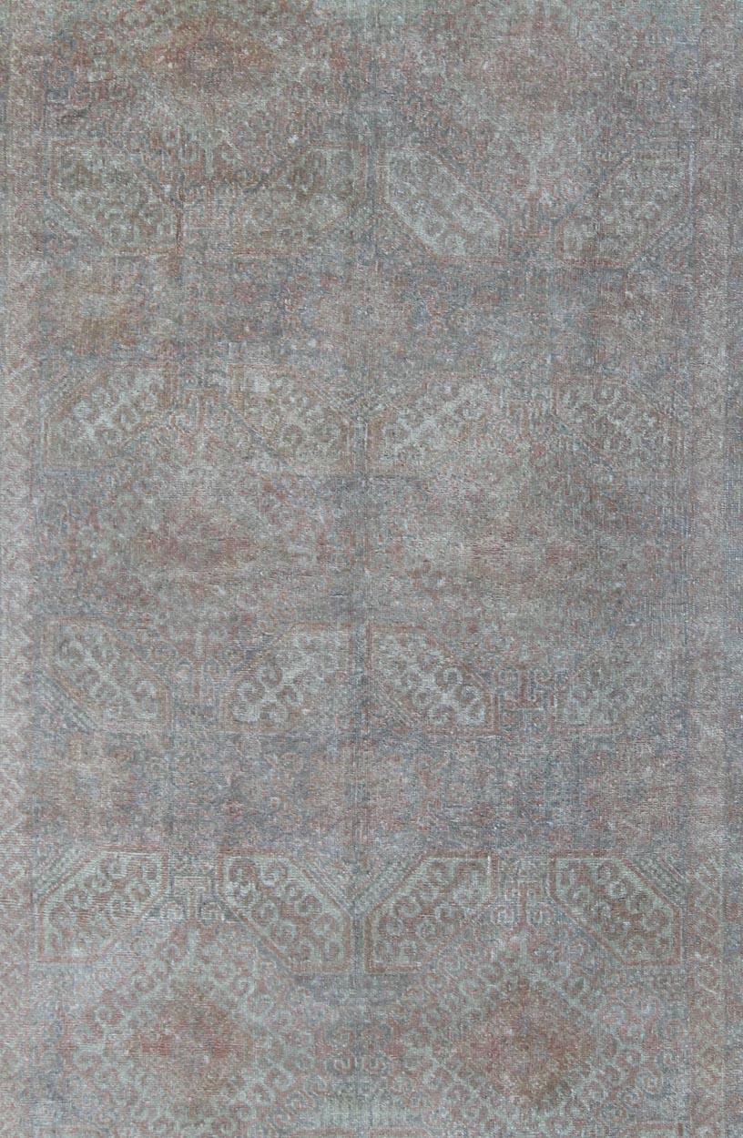 Hand-Knotted Muted Turkish Rug Antique Oushak with Geometric Design Floating Design For Sale