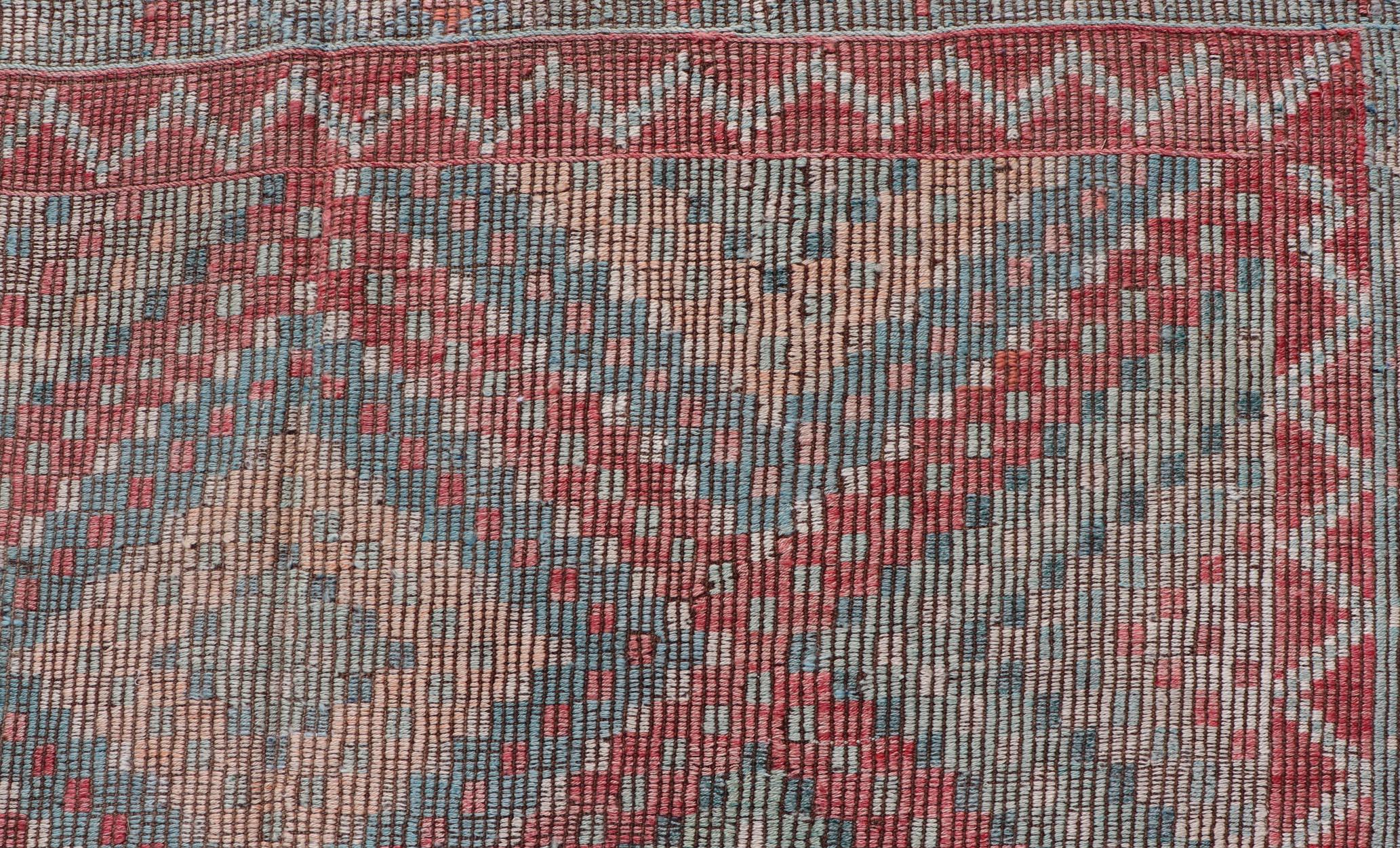 Hand-Woven Muted Turkish Vintage Embroidered Kilim Rug with Multi Layered Diamond For Sale