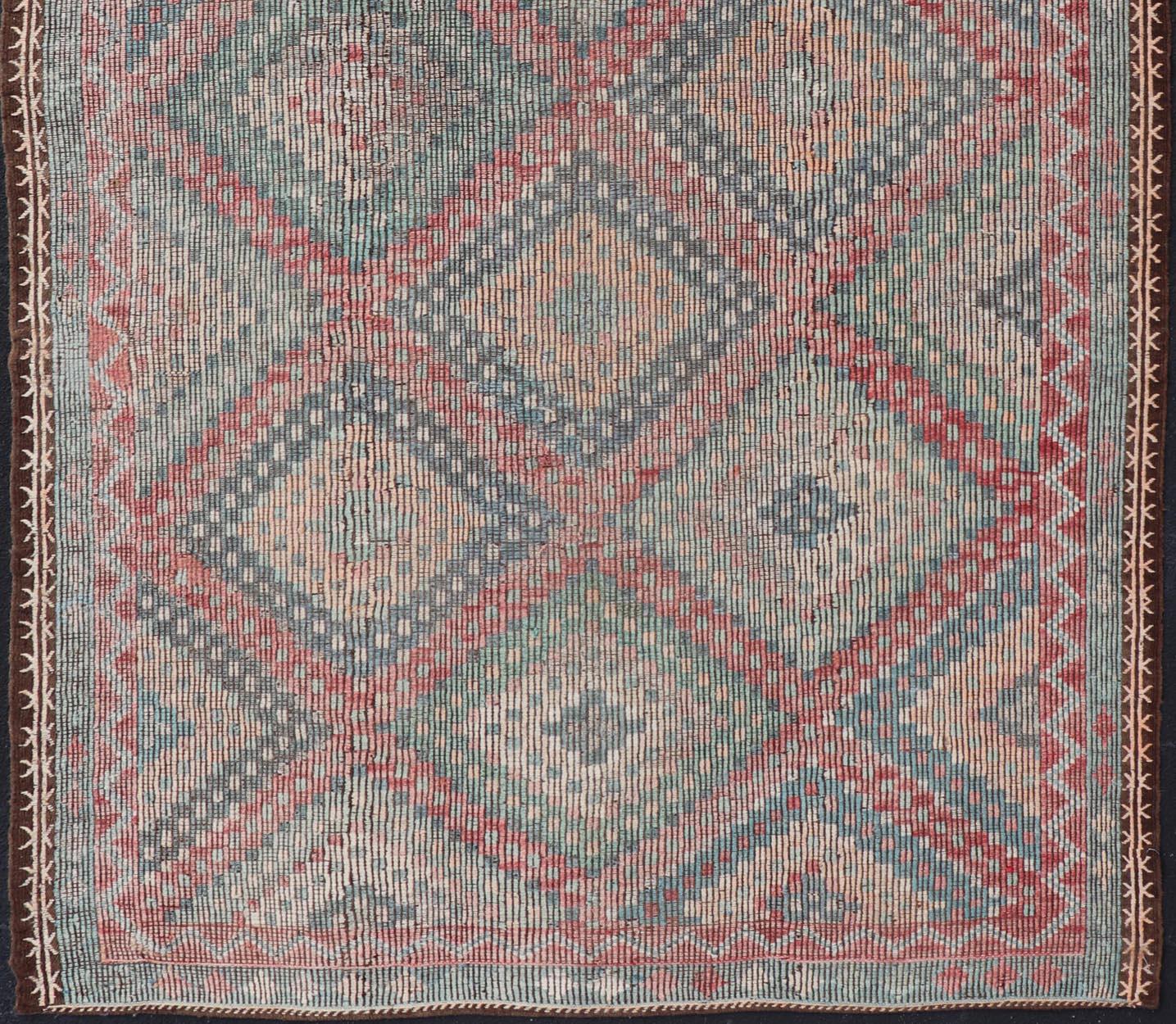 Muted Turkish Vintage Embroidered Kilim Rug with Multi Layered Diamond For Sale 2
