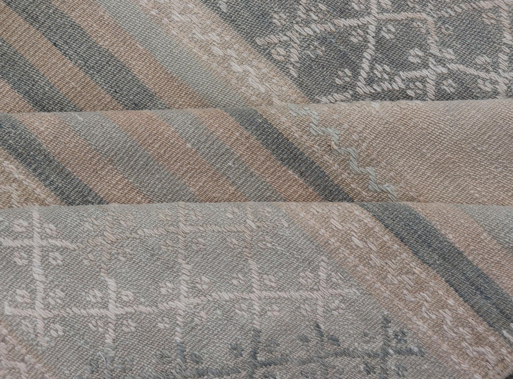 Muted Vintage Turkish Kilim Rug with Horizontal Stripes & Tribal Motifs For Sale 4
