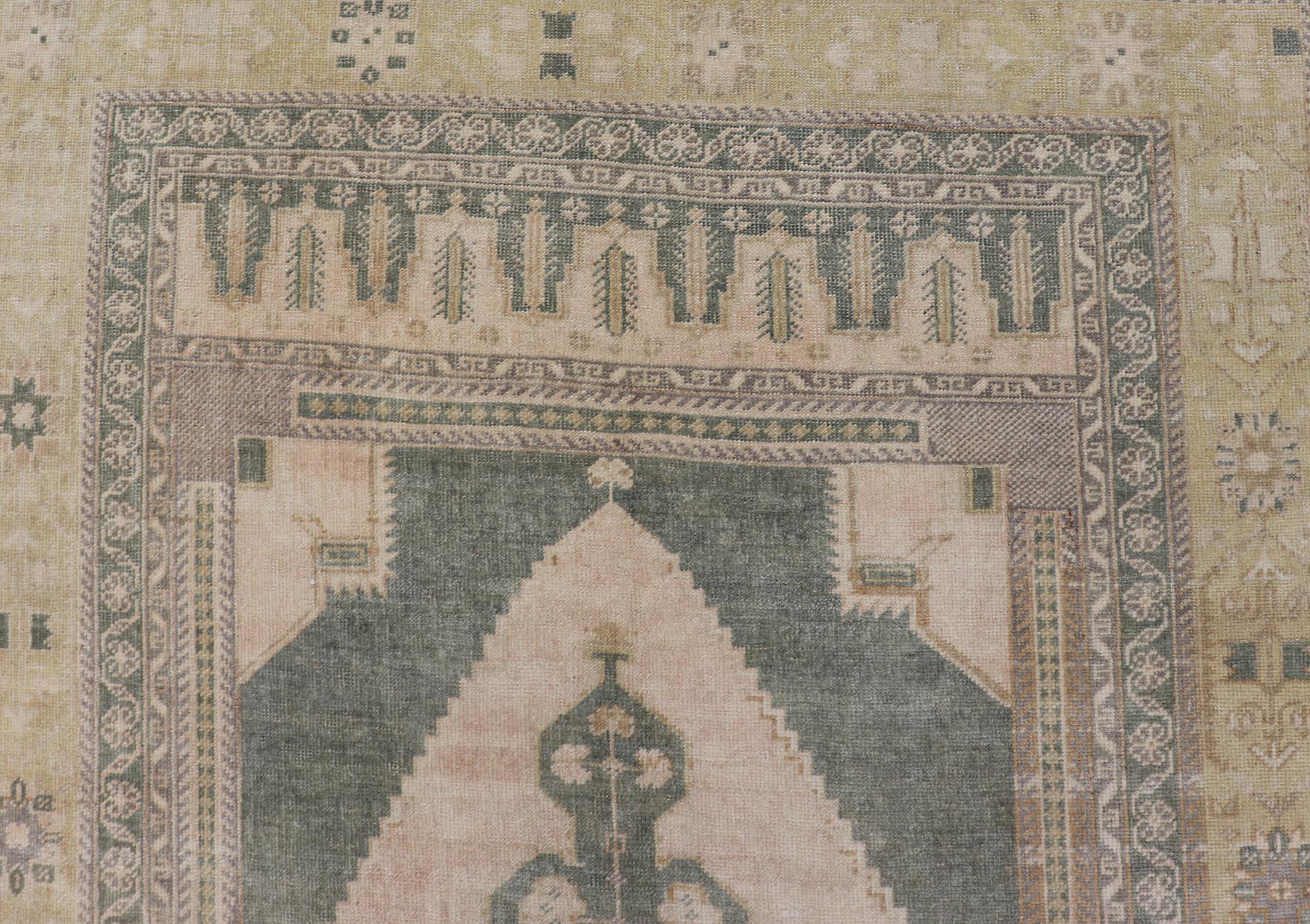 Muted Vintage Turkish Oushak in Wool with Sub-Geometric Medallion Design 5