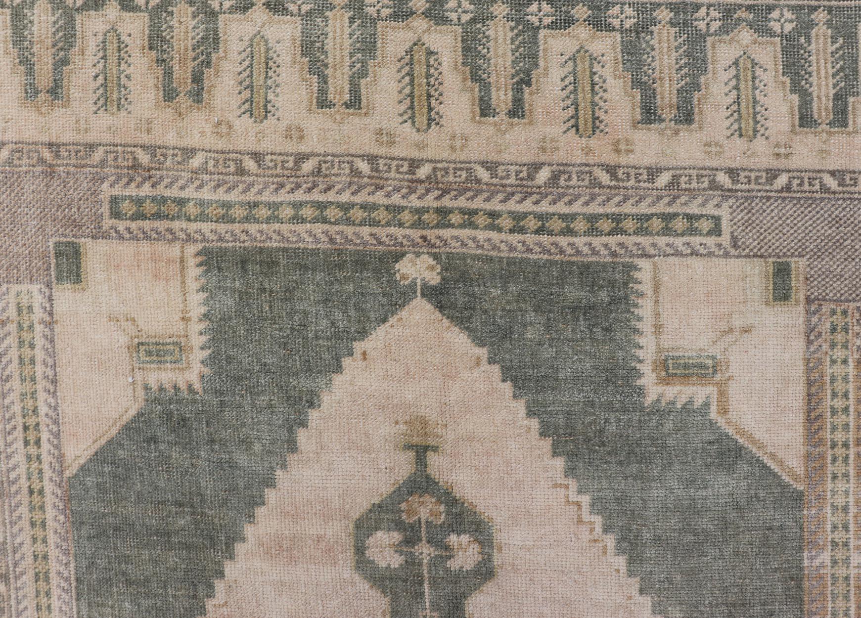 Muted Vintage Turkish Oushak in Wool with Sub-Geometric Medallion Design 6
