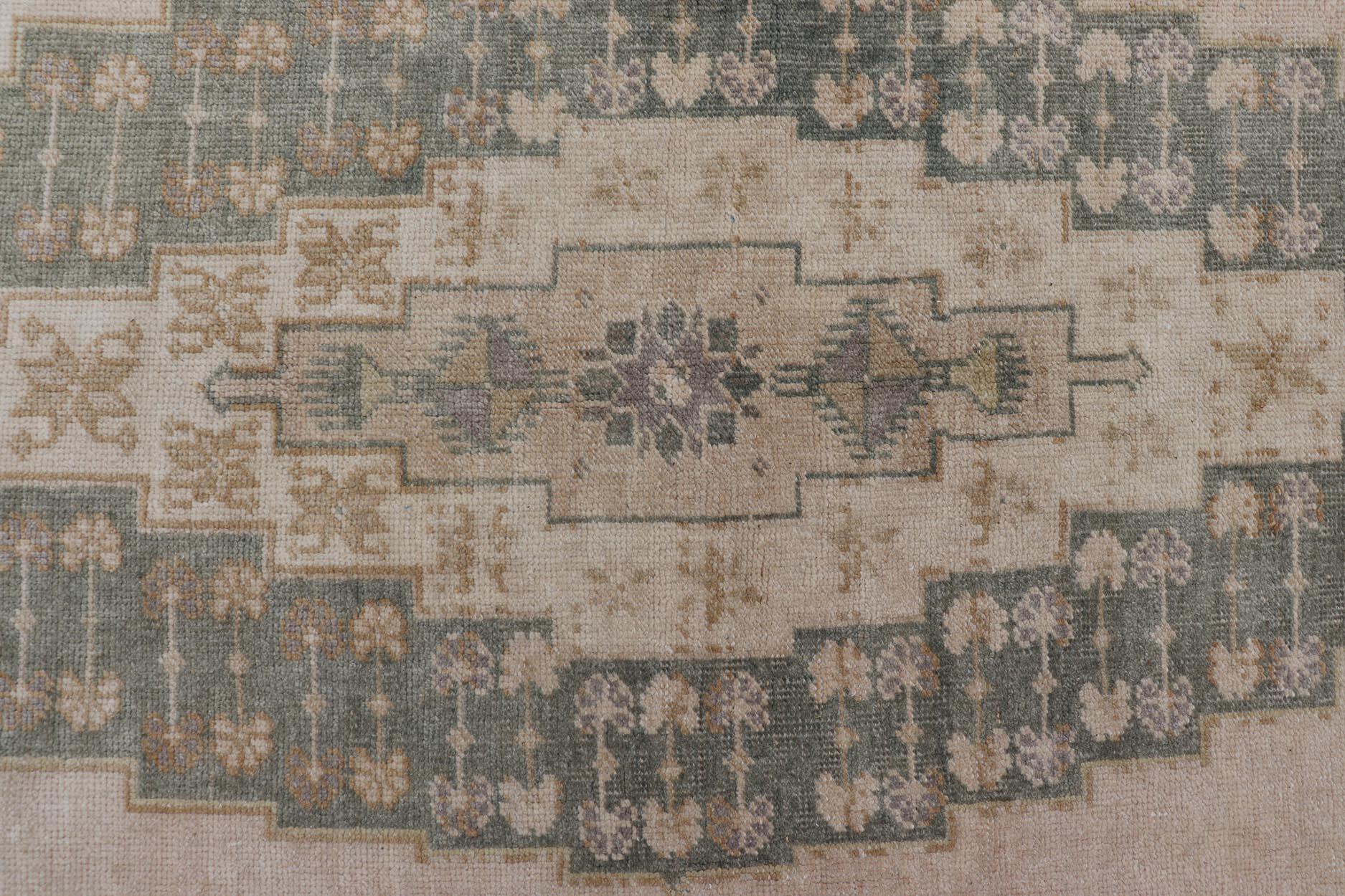 Hand-Knotted Muted Vintage Turkish Oushak in Wool with Sub-Geometric Medallion Design