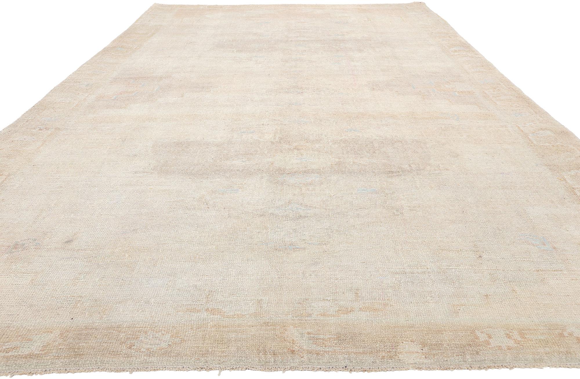 Hand-Knotted Muted Vintage Turkish Oushak Rug, Earth-Tone Elegance Meets Shibui  For Sale