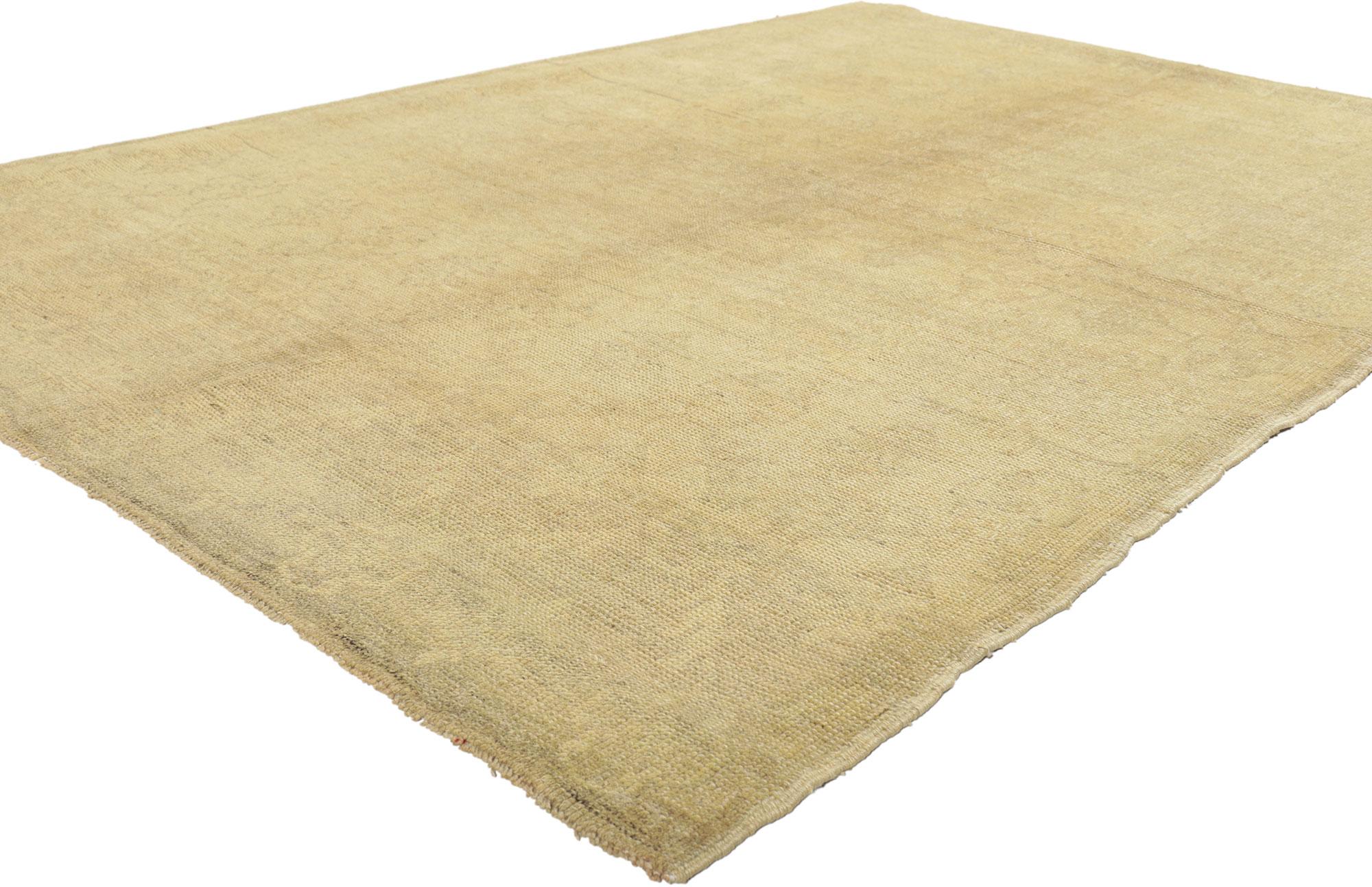 51027 Vintage Turkish Oushak Rug, 04'09 X 07'02. 
Warm and inviting with simplistic style, this hand knotted wool vintage Turkish Oushak rug is a captivating vision of woven beauty. The faded allover pattern and muted earth-tone colors woven into