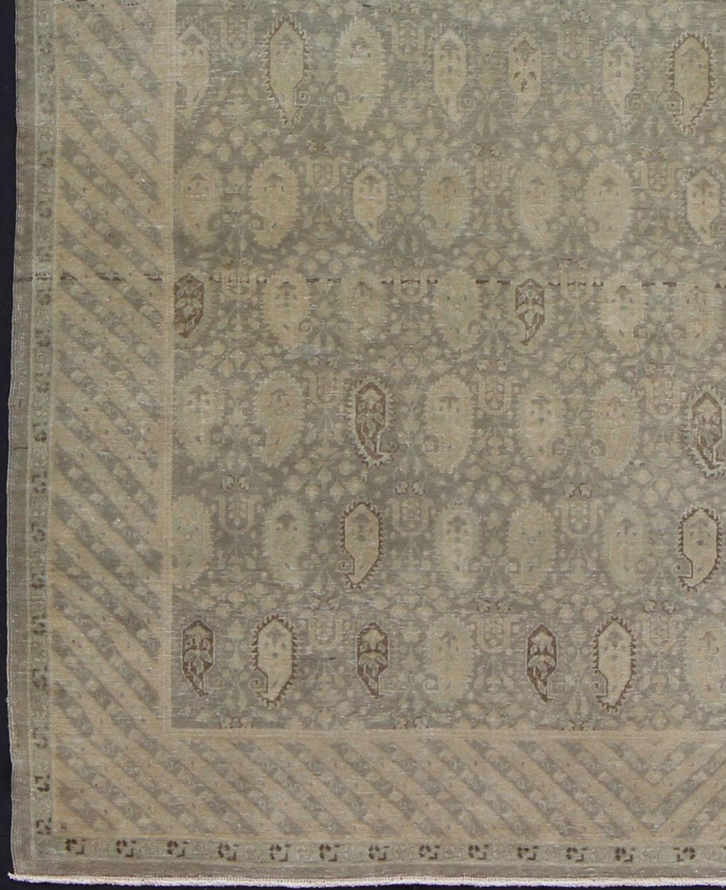 Oushak Muted Vintage Turkish Sivas with Paisley Design in Taupe, Gray-Green, and Camel  For Sale