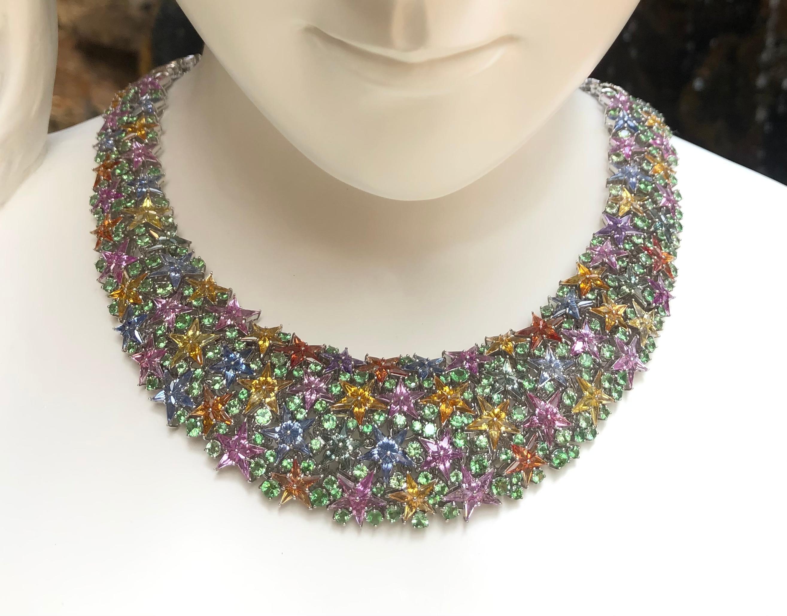 Contemporary Muti-Color Sapphire with Tsavorite Star Necklace Set in 18 Karat White Gold For Sale