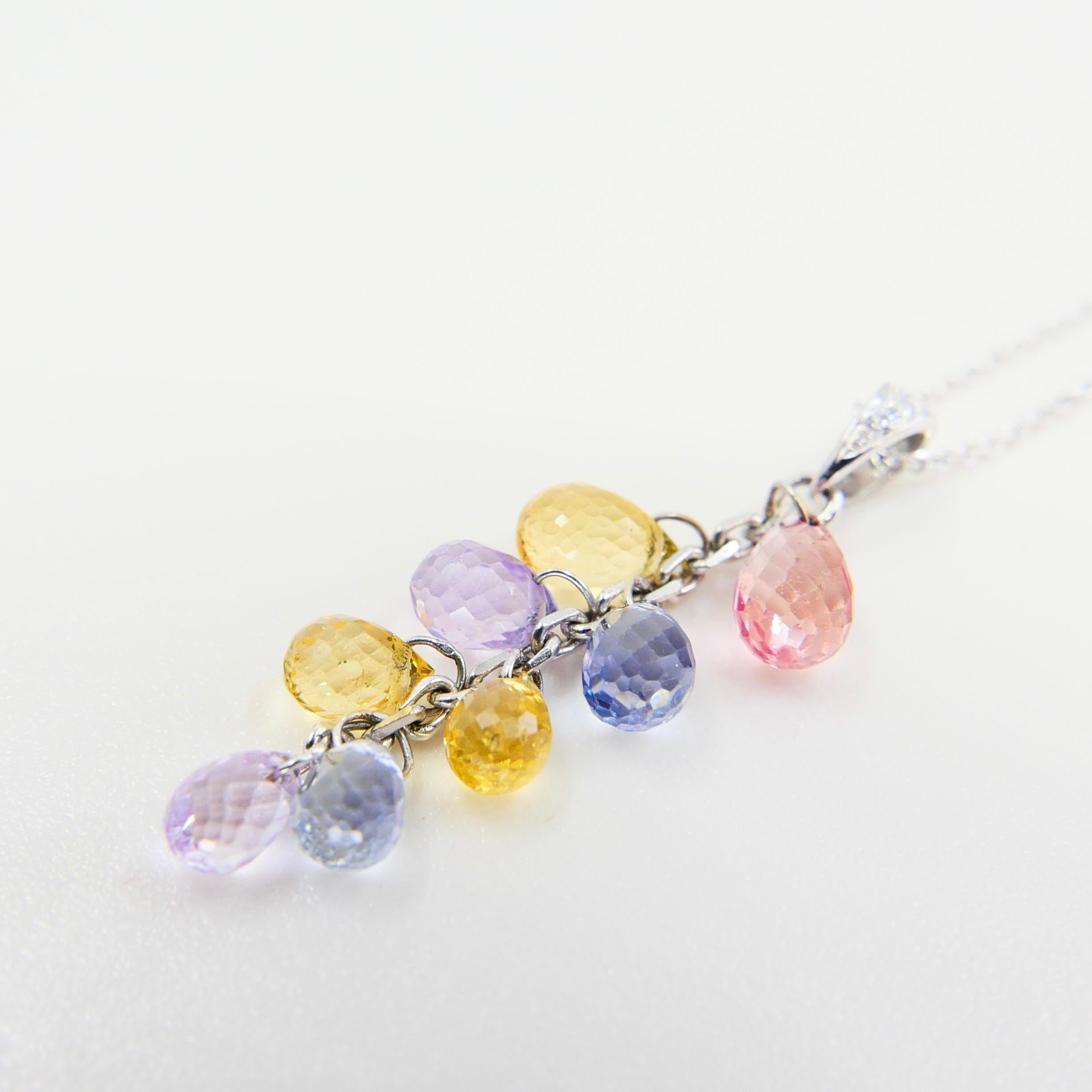 Muti Colored Briolette Cut Sapphires & Diamond Pendant Drop Necklace For Sale 6