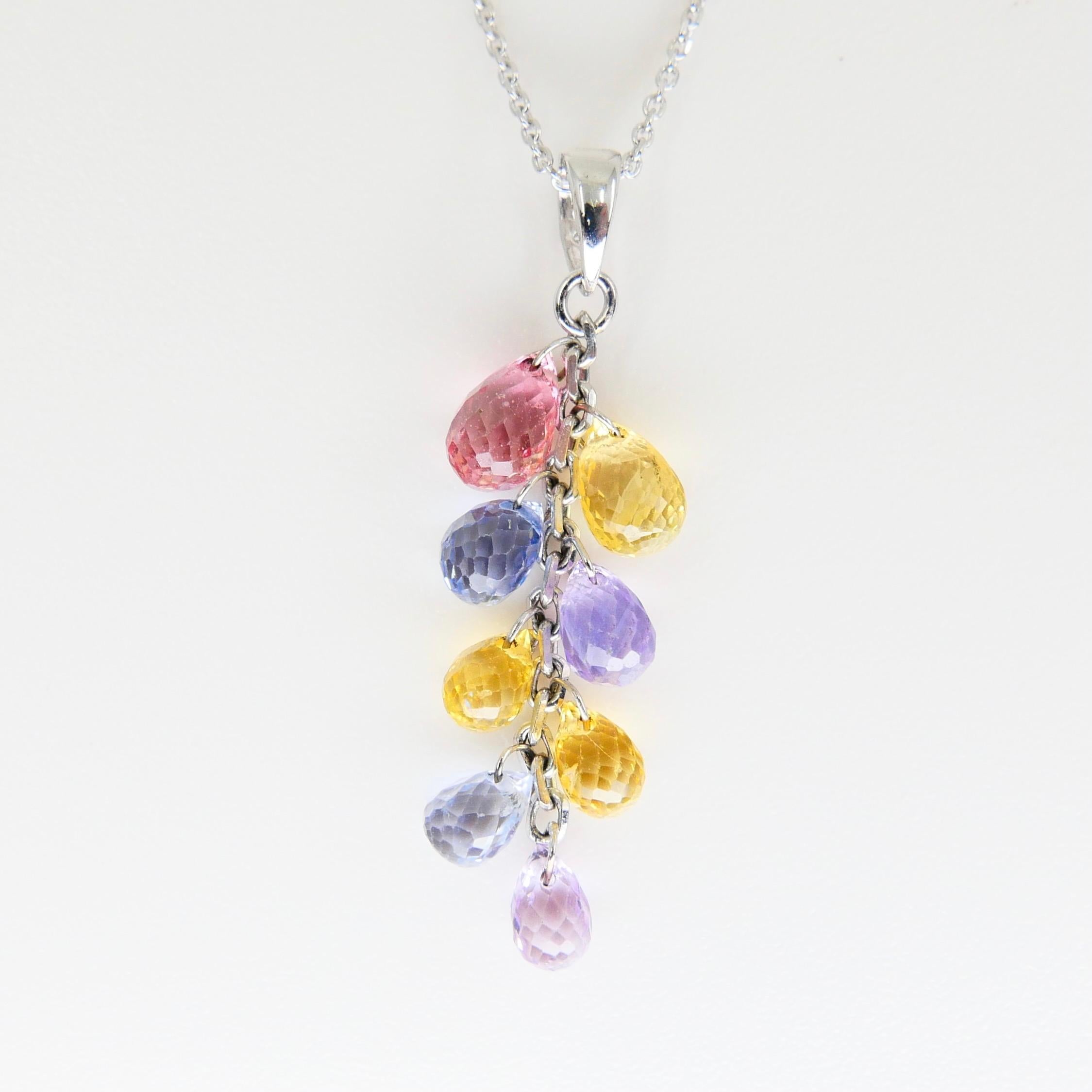 Muti Colored Briolette Cut Sapphires & Diamond Pendant Drop Necklace For Sale 7