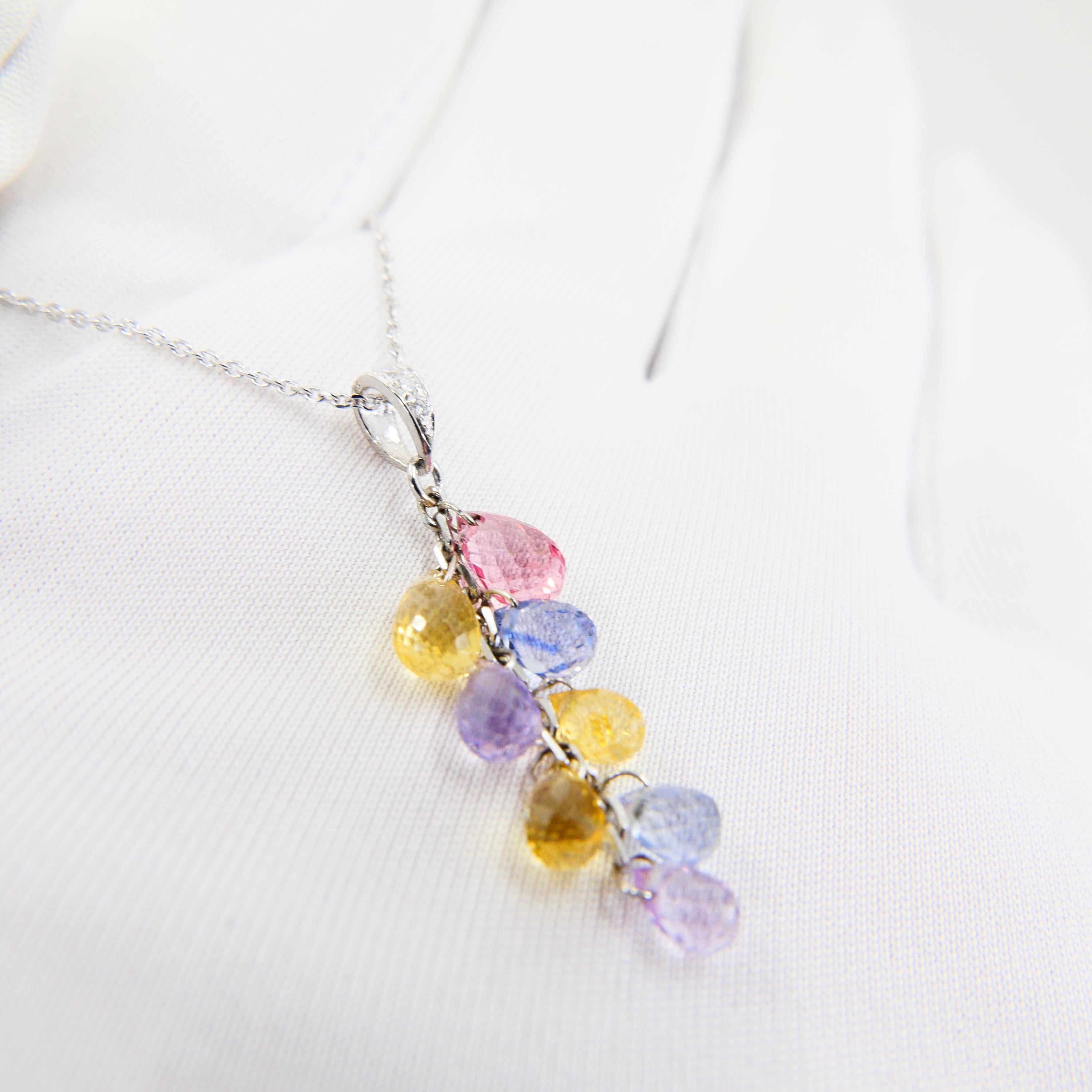 Muti Colored Briolette Cut Sapphires & Diamond Pendant Drop Necklace For Sale 8