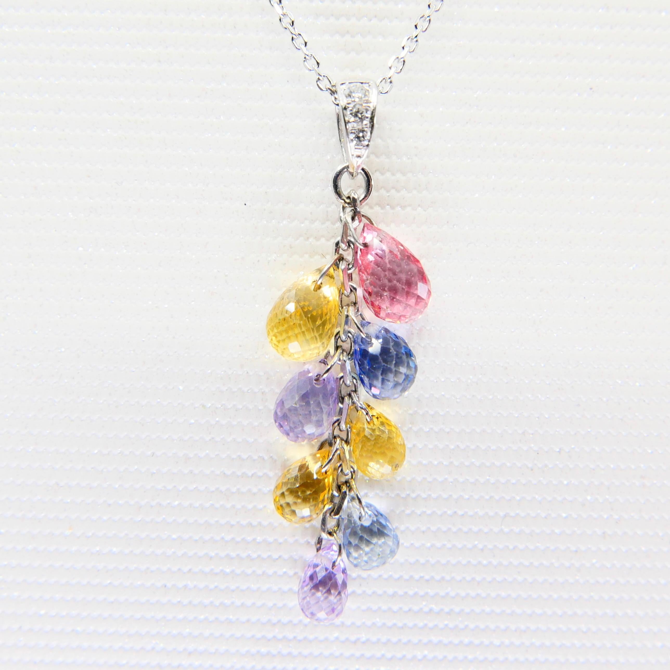 Muti Colored Briolette Cut Sapphires & Diamond Pendant Drop Necklace For Sale 10