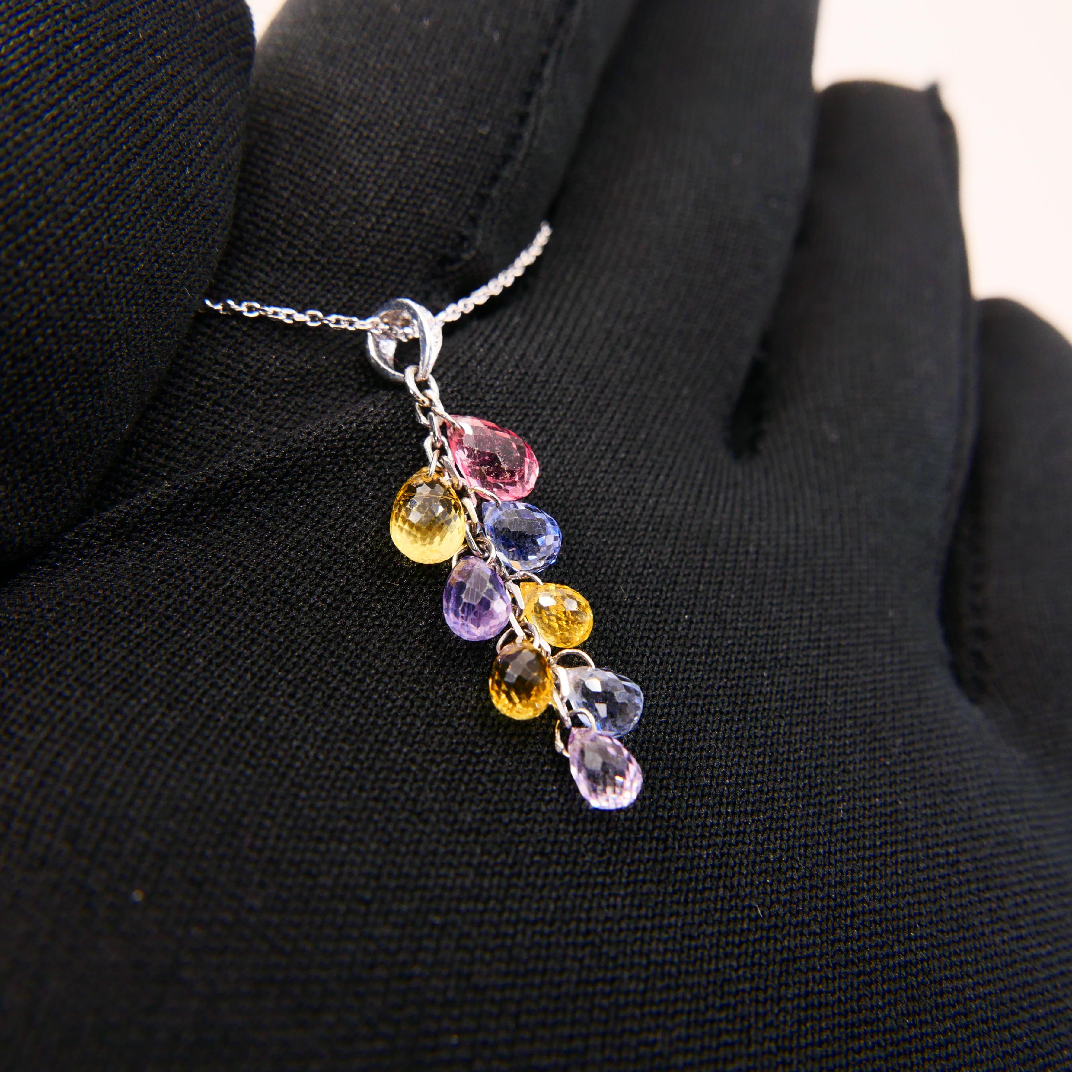 Muti Colored Briolette Cut Sapphires & Diamond Pendant Drop Necklace For Sale 11