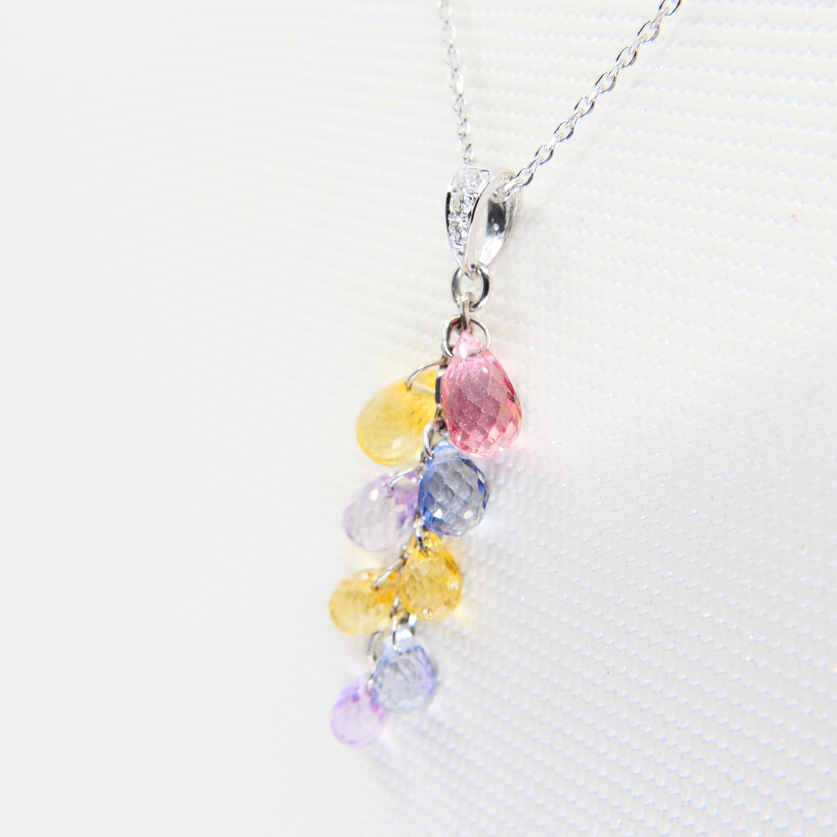 Muti Colored Briolette Cut Sapphires & Diamond Pendant Drop Necklace For Sale 12