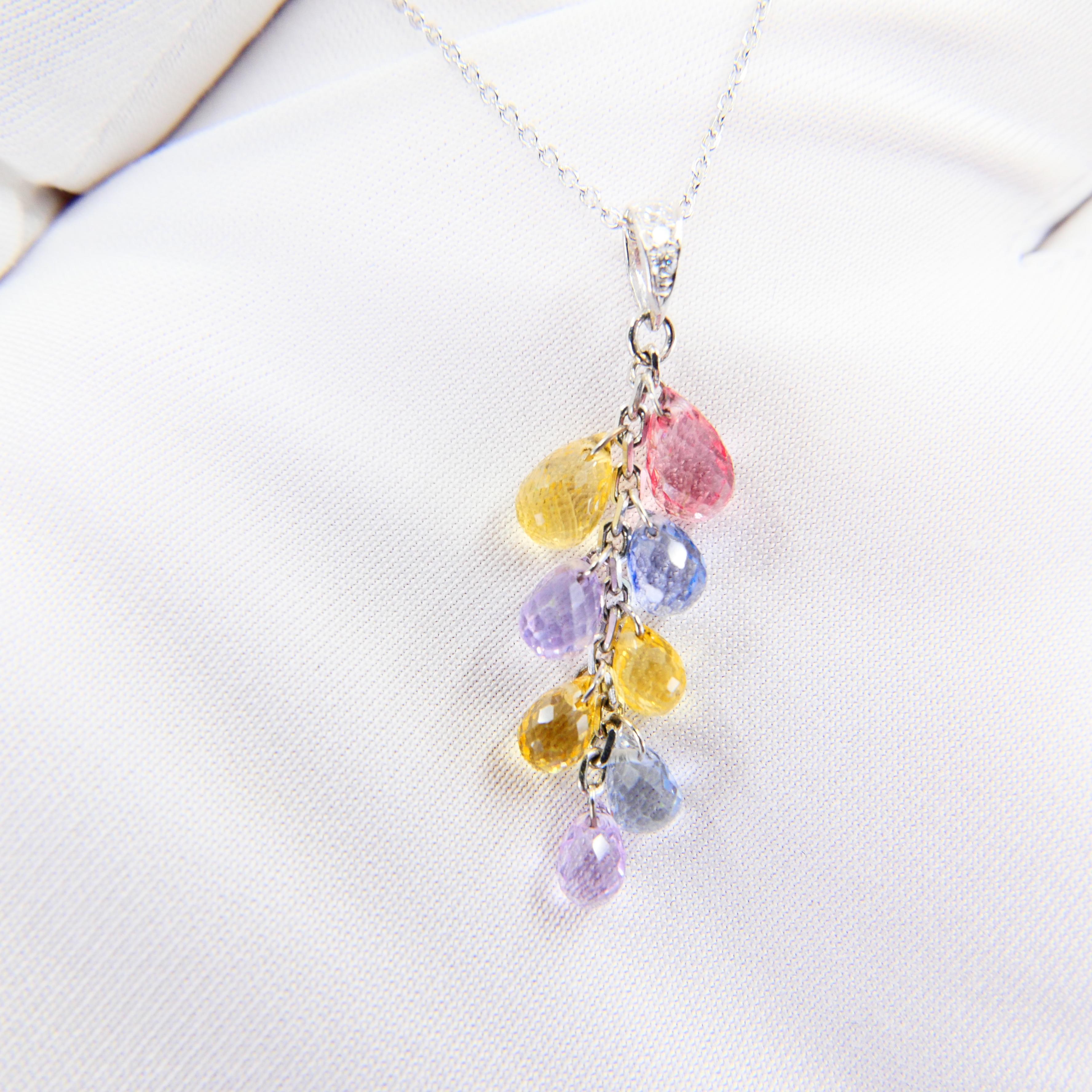 Muti Colored Briolette Cut Sapphires & Diamond Pendant Drop Necklace In New Condition For Sale In Hong Kong, HK