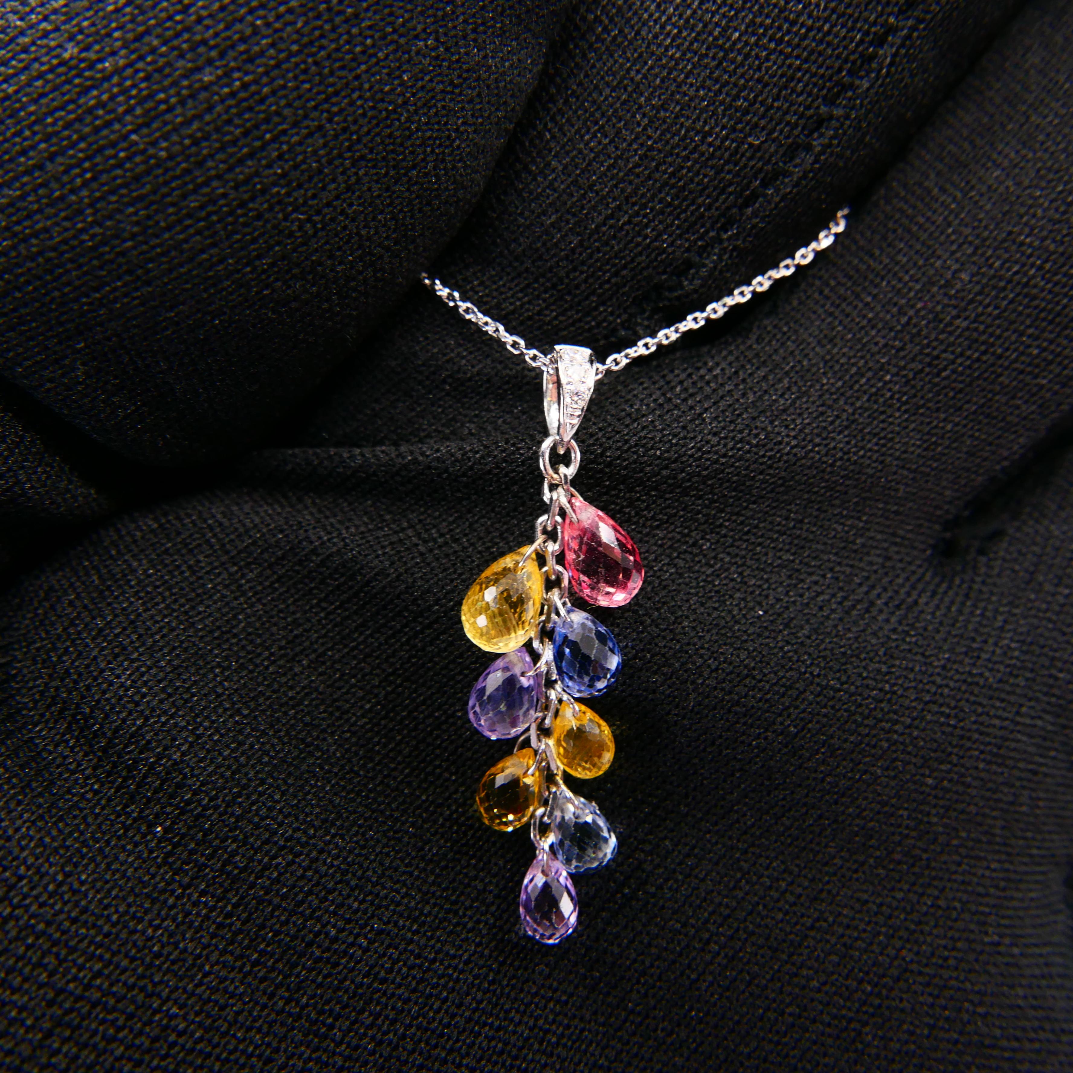 Women's Muti Colored Briolette Cut Sapphires & Diamond Pendant Drop Necklace For Sale