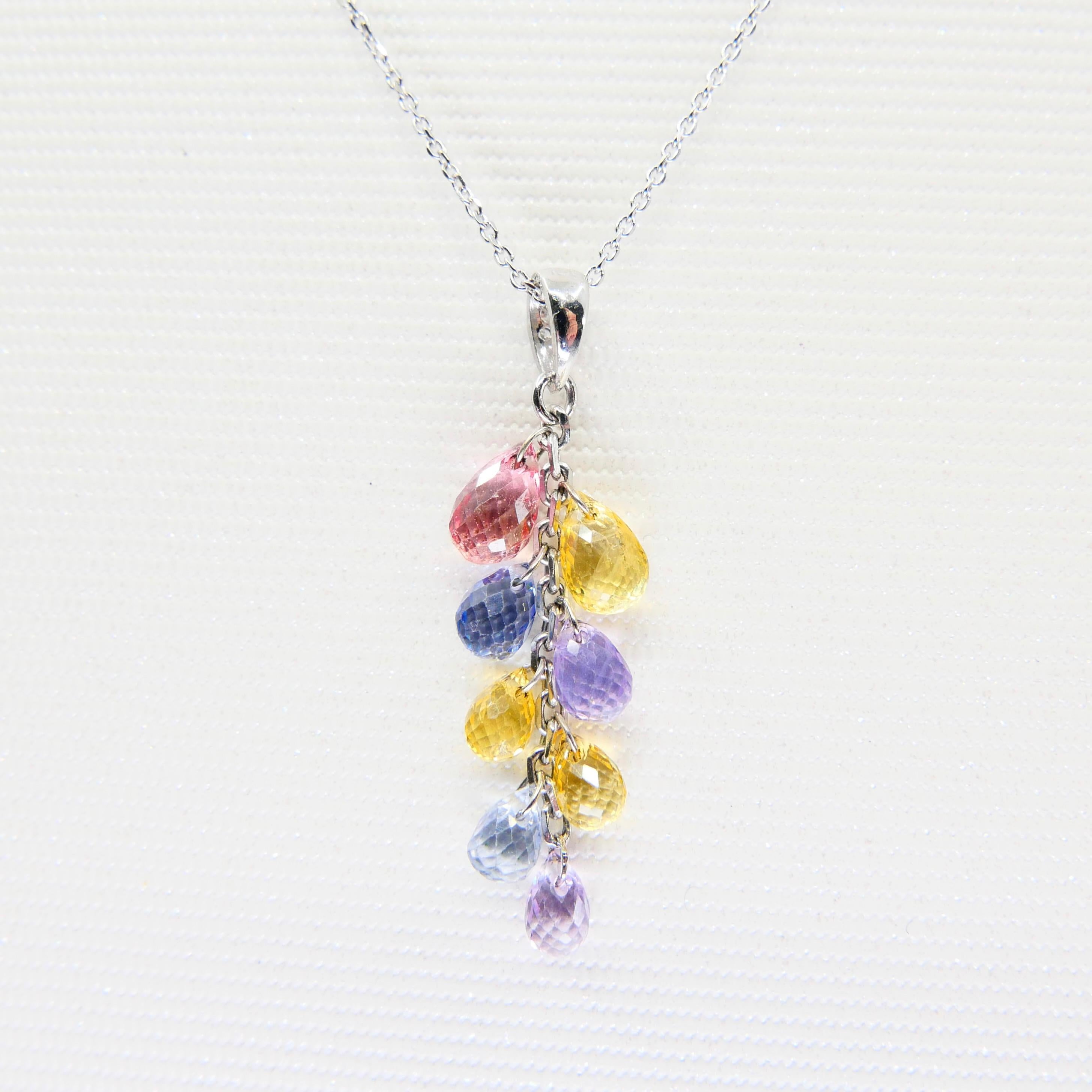 Muti bunte Tropfen-Halskette mit Saphiren und Diamant-Anhänger im Briolette-Schliff im Angebot 2