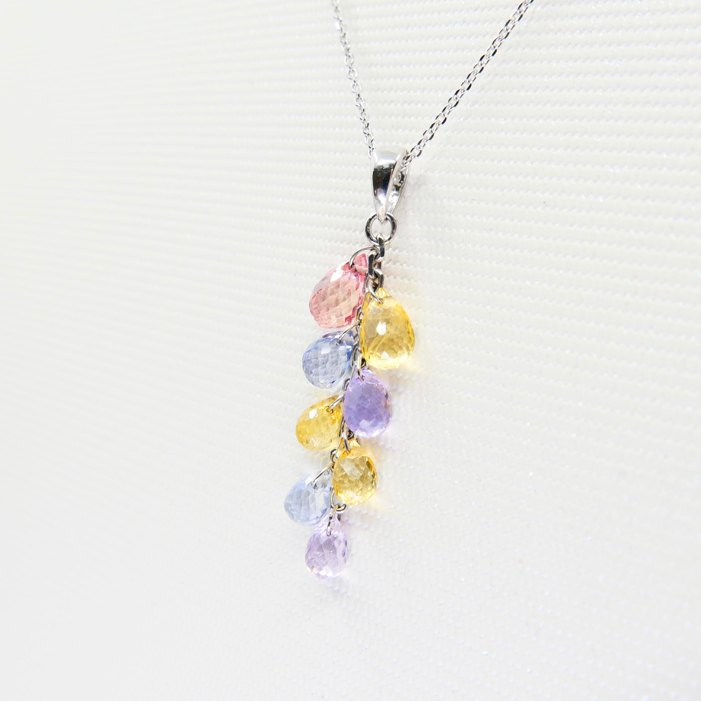 Muti Colored Briolette Cut Sapphires & Diamond Pendant Drop Necklace For Sale 2