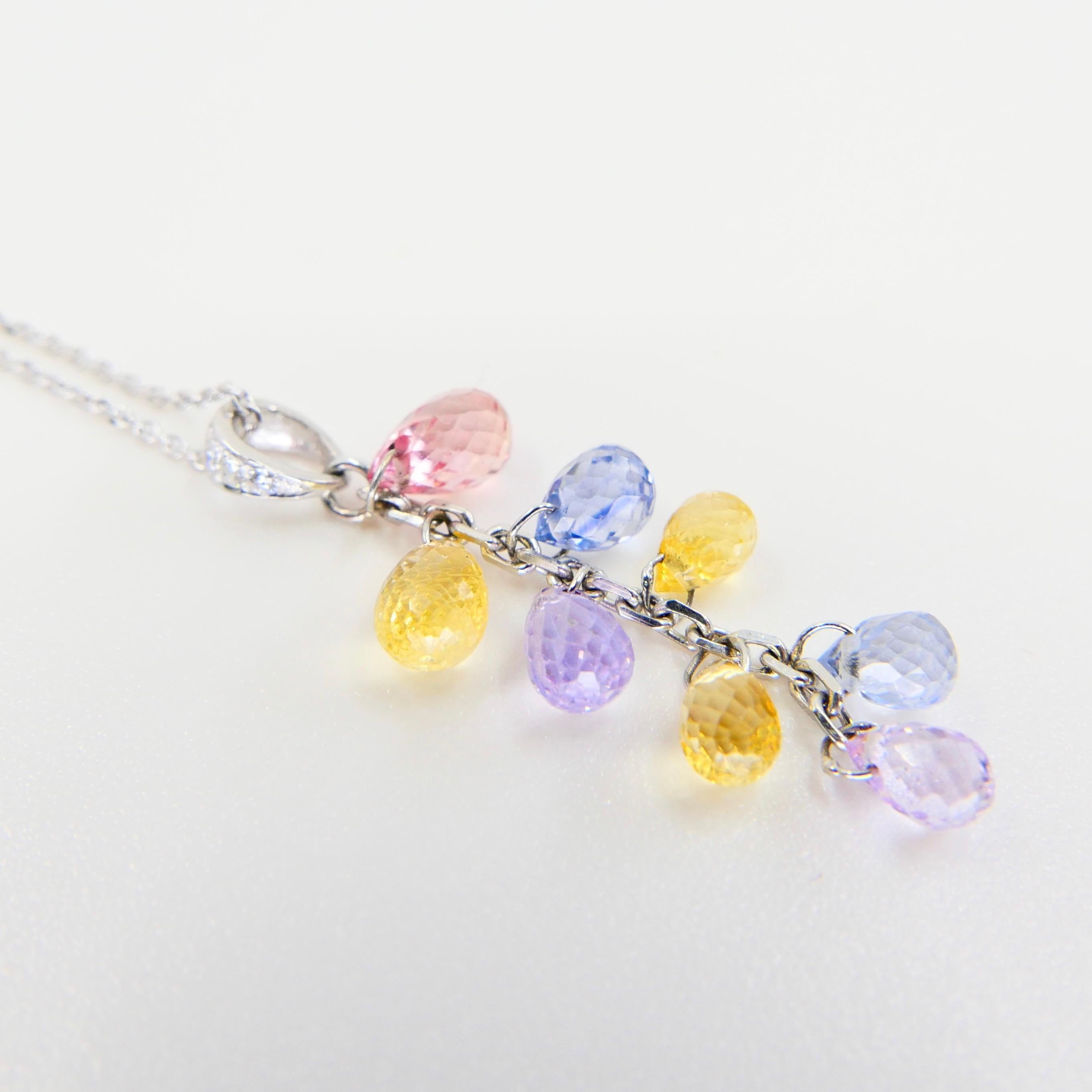 Muti Colored Briolette Cut Sapphires & Diamond Pendant Drop Necklace For Sale 3