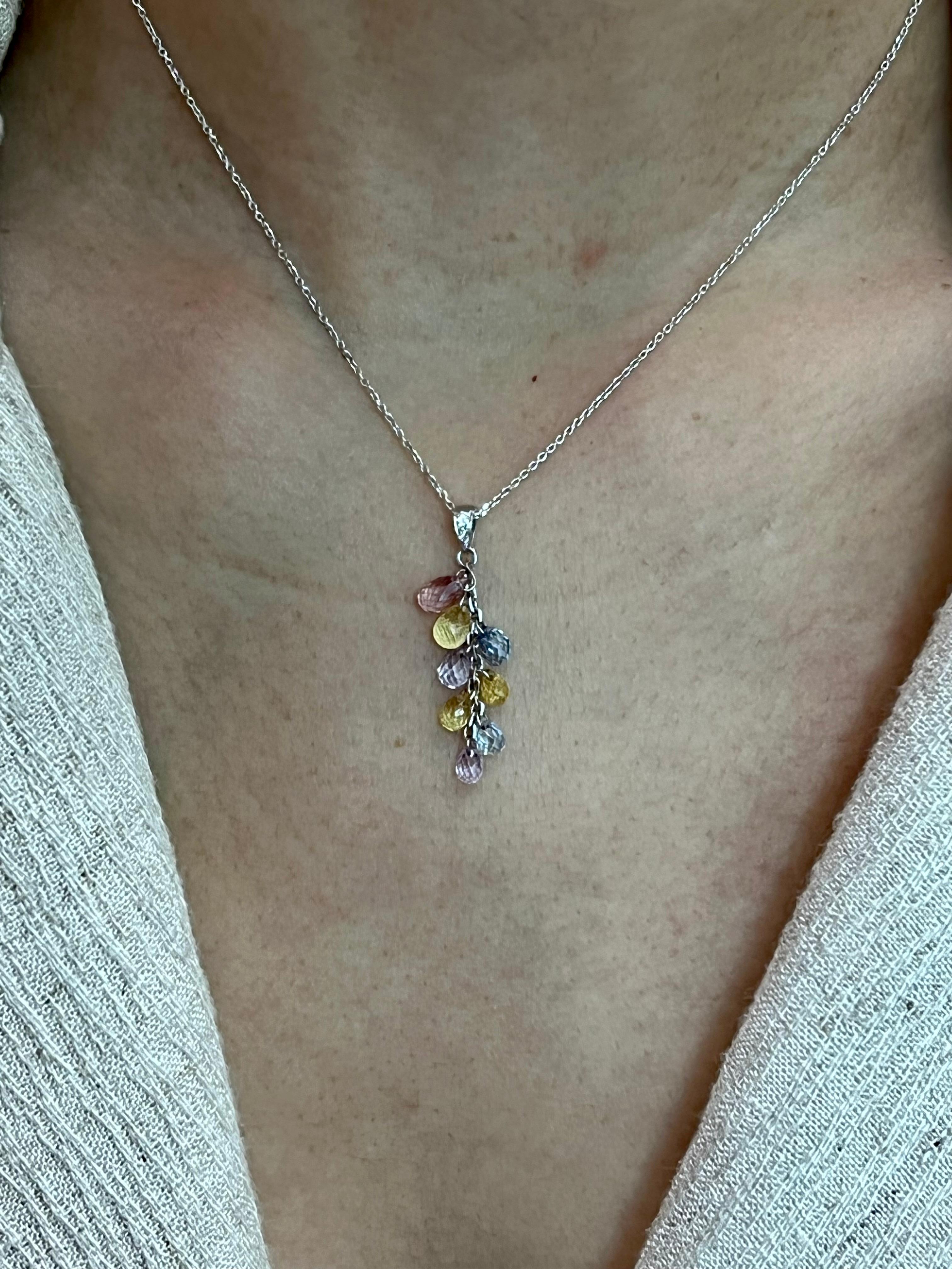 Muti Colored Briolette Cut Sapphires & Diamond Pendant Drop Necklace For Sale 4