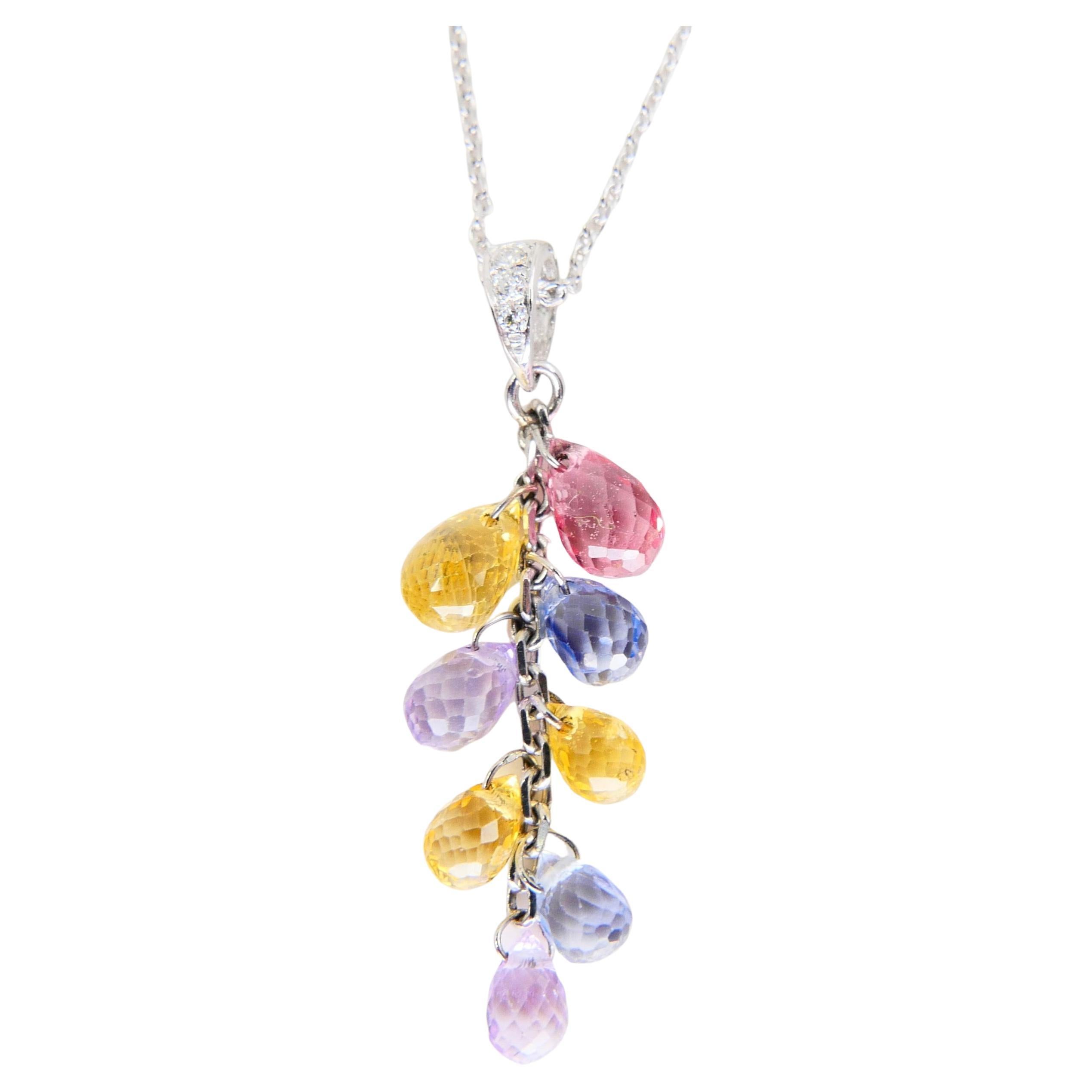 Muti Colored Briolette Cut Sapphires & Diamond Pendant Drop Necklace For Sale