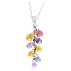 Muti Colored Briolette Cut Sapphires & Diamond Pendant Drop Necklace
