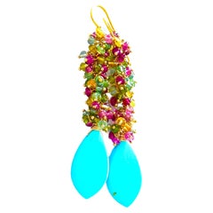 Muti-Colored Tourmaline and Turquoise Earrings with 18K Yellow Gold Earwires