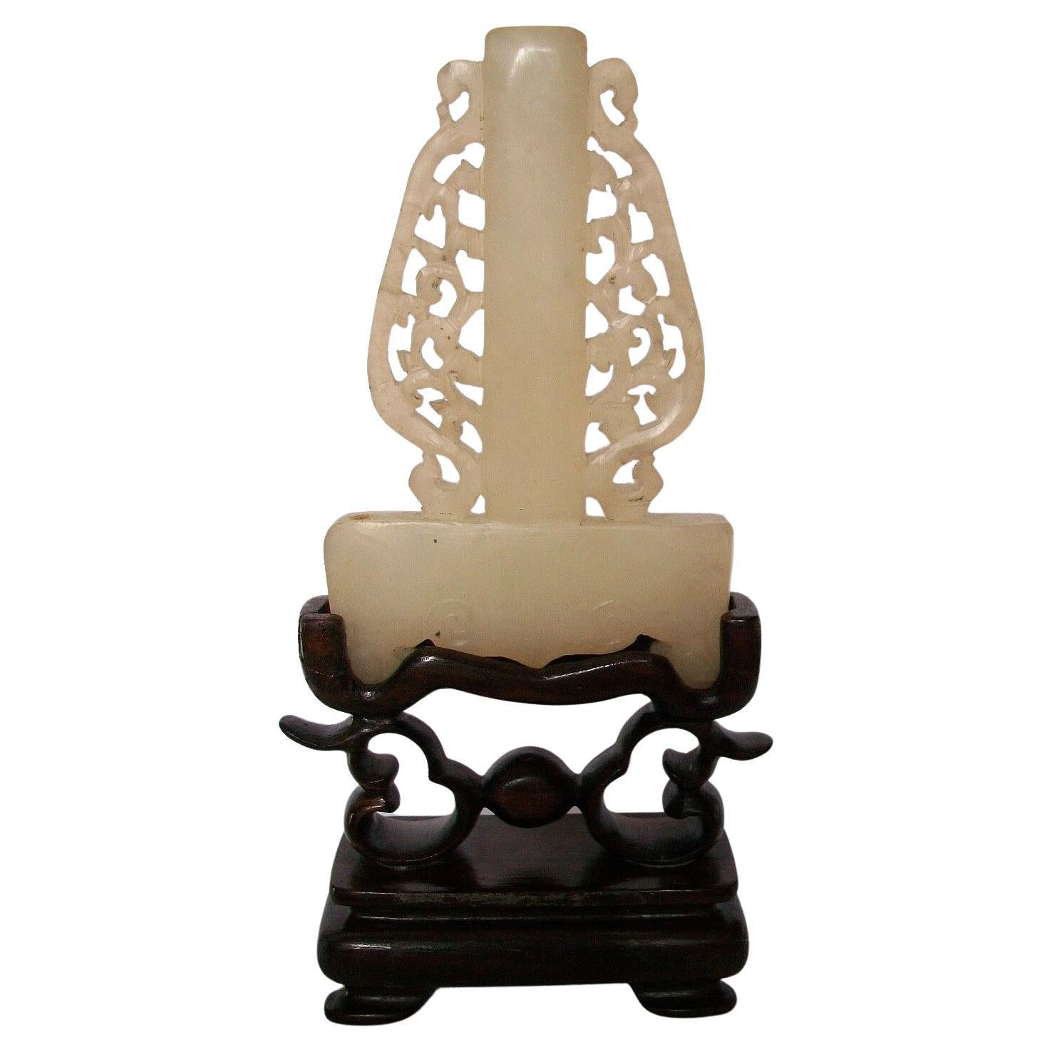 Mutton Fat Jade Carving on Hardwood Stand, Unsigned, China, 20th Century For Sale