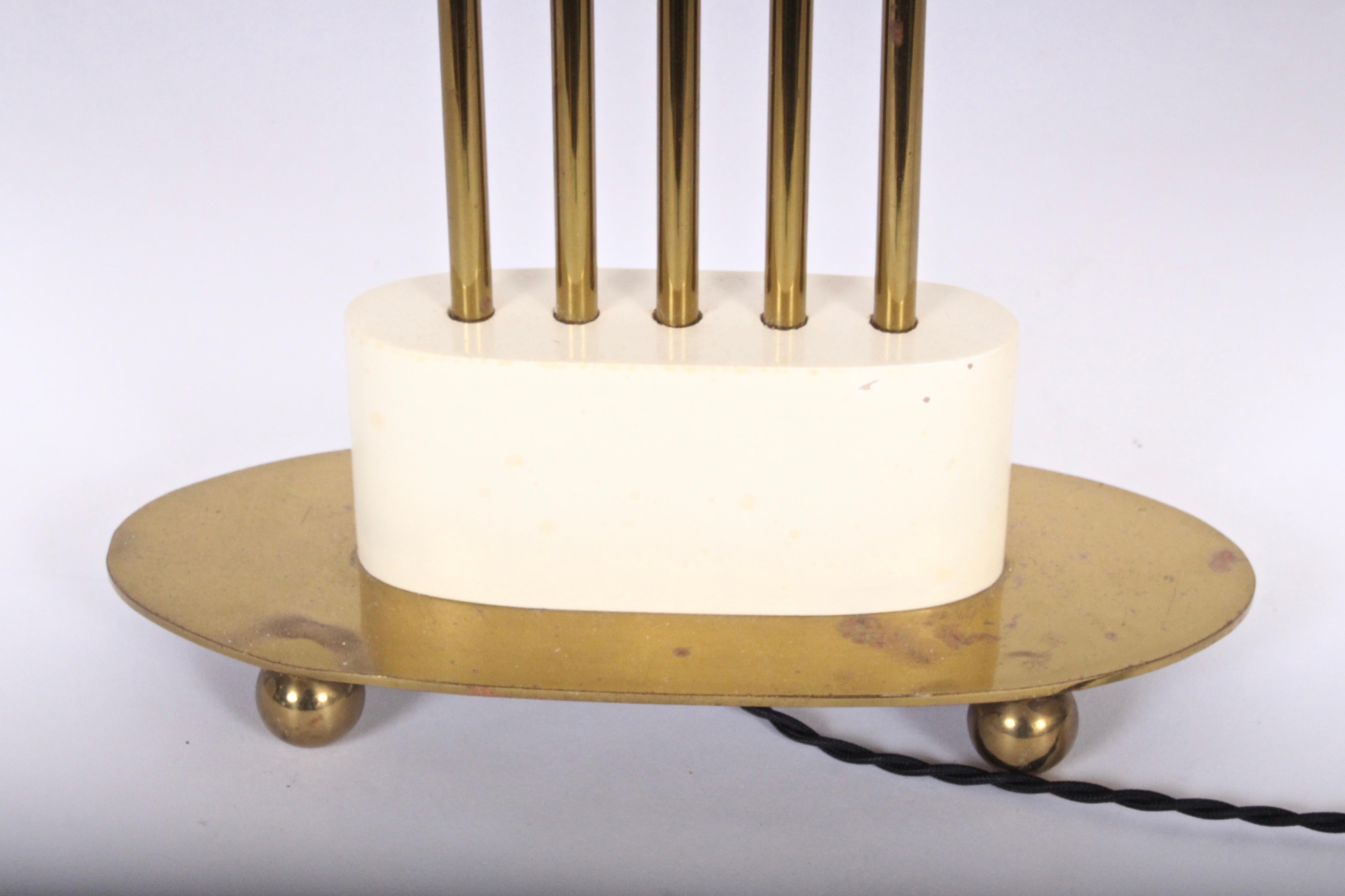 Plated Parzinger Style Mutual Sunset Cream & Brass Spindle Columns Table Lamp, 1950s For Sale