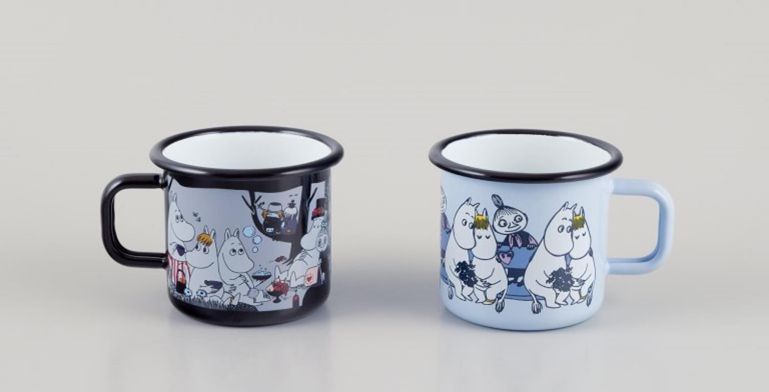 Finnish Muurla, Finland. Four enamel mugs with motifs from the Moomins stories, 21st C For Sale
