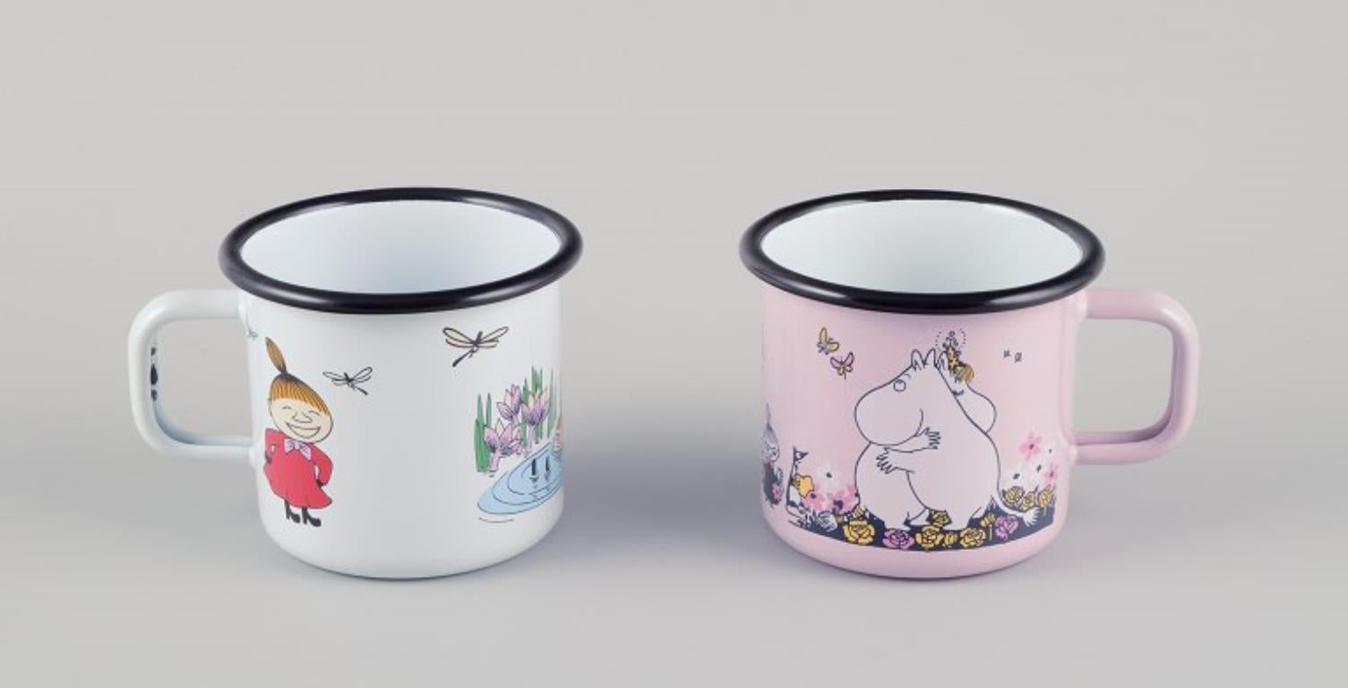 Finnish Muurla, Finland. Four enamel mugs with motifs from the Moomins stories, 21st C For Sale
