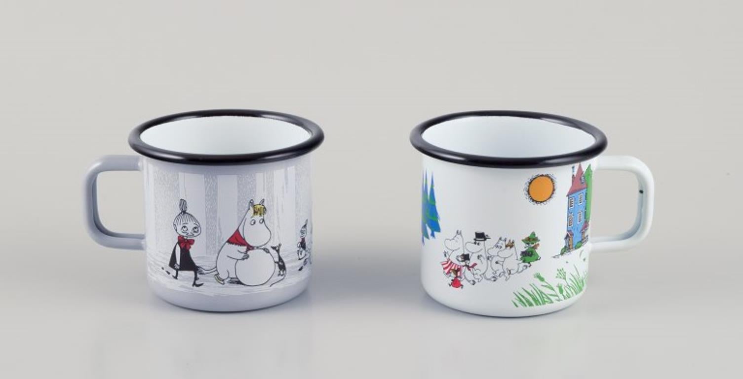 Enameled Muurla, Finland. Four enamel mugs with motifs from the Moomins stories, 21st C For Sale