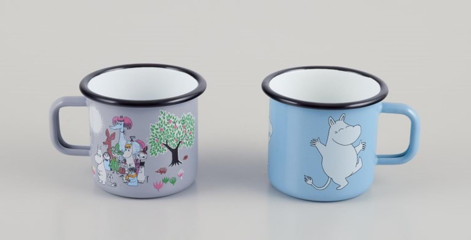 Enameled Muurla, Finland. Four enamel mugs with motifs from the Moomins stories, 21st C For Sale