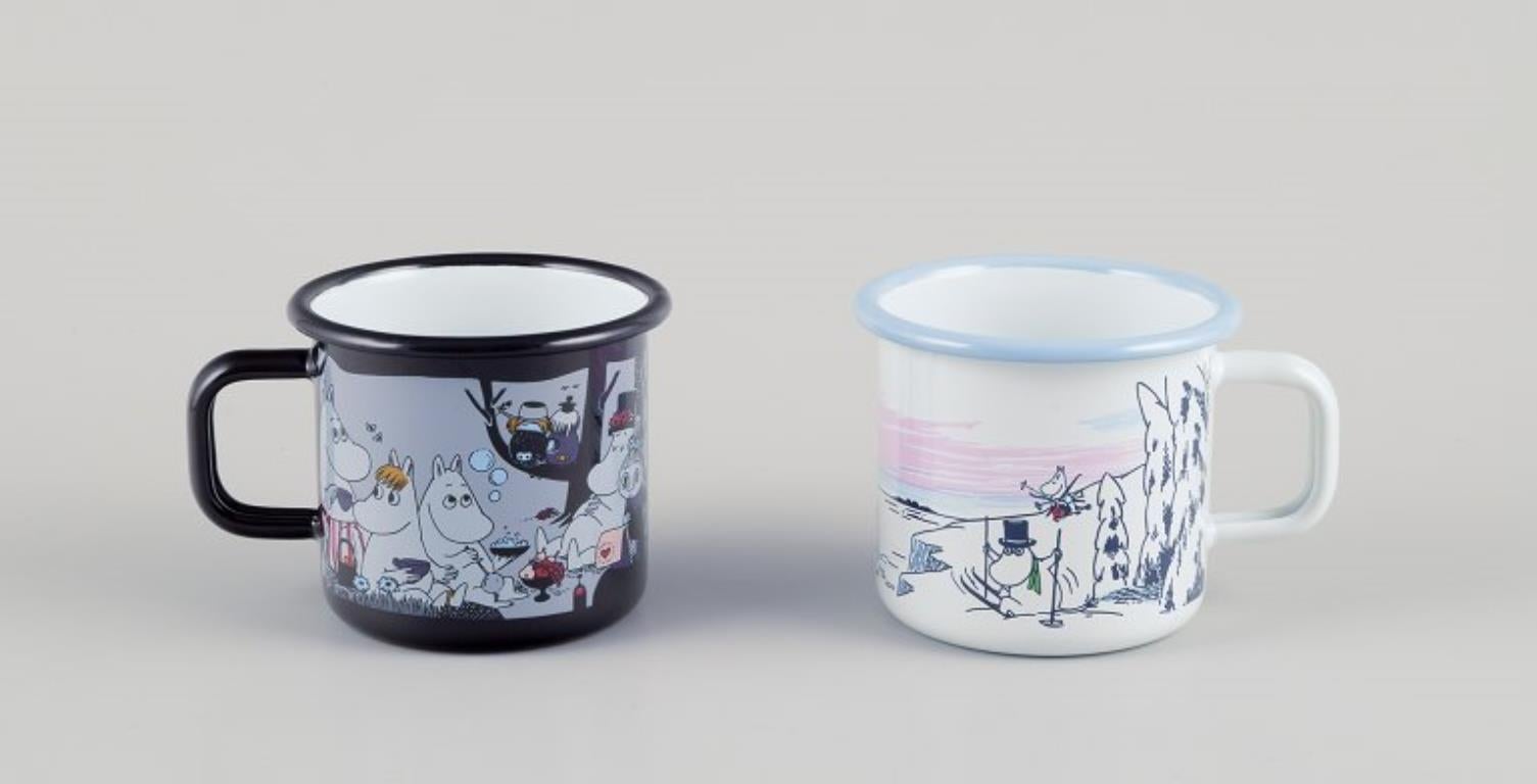 Finnish Muurla, Finland. Four enamel mugs with motifs from the Moomintroll stories For Sale