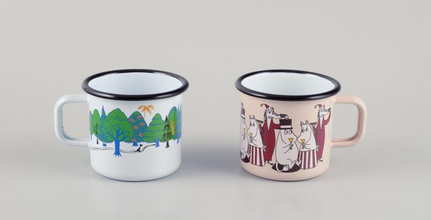 Enameled Muurla, Finland. Four enamel mugs with motifs from the Moomintroll stories For Sale