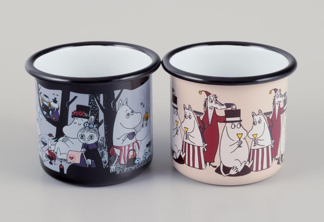 Contemporary Muurla, Finland. Four enamel mugs with motifs from the Moomintroll stories For Sale