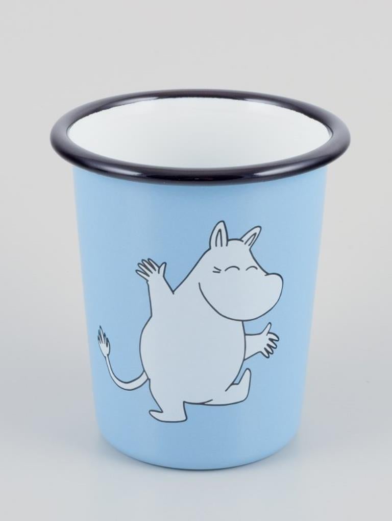 Finnish Muurla, Finland. Three enamel mugs featuring motifs of Moomin trolls. For Sale