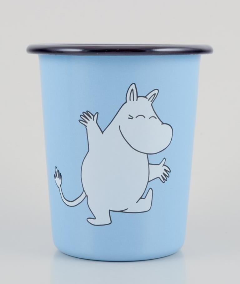 Enameled Muurla, Finland. Three enamel mugs featuring motifs of Moomin trolls. For Sale