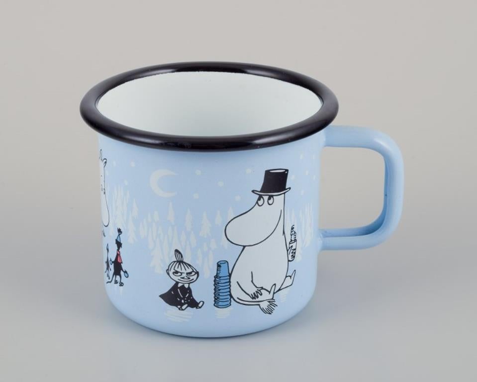 Enameled Muurla, Finland. Three enamel mugs with illustrations of Moomins For Sale
