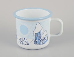 Muurla, Finland. Two enamel mugs featuring illustrations of Moomins