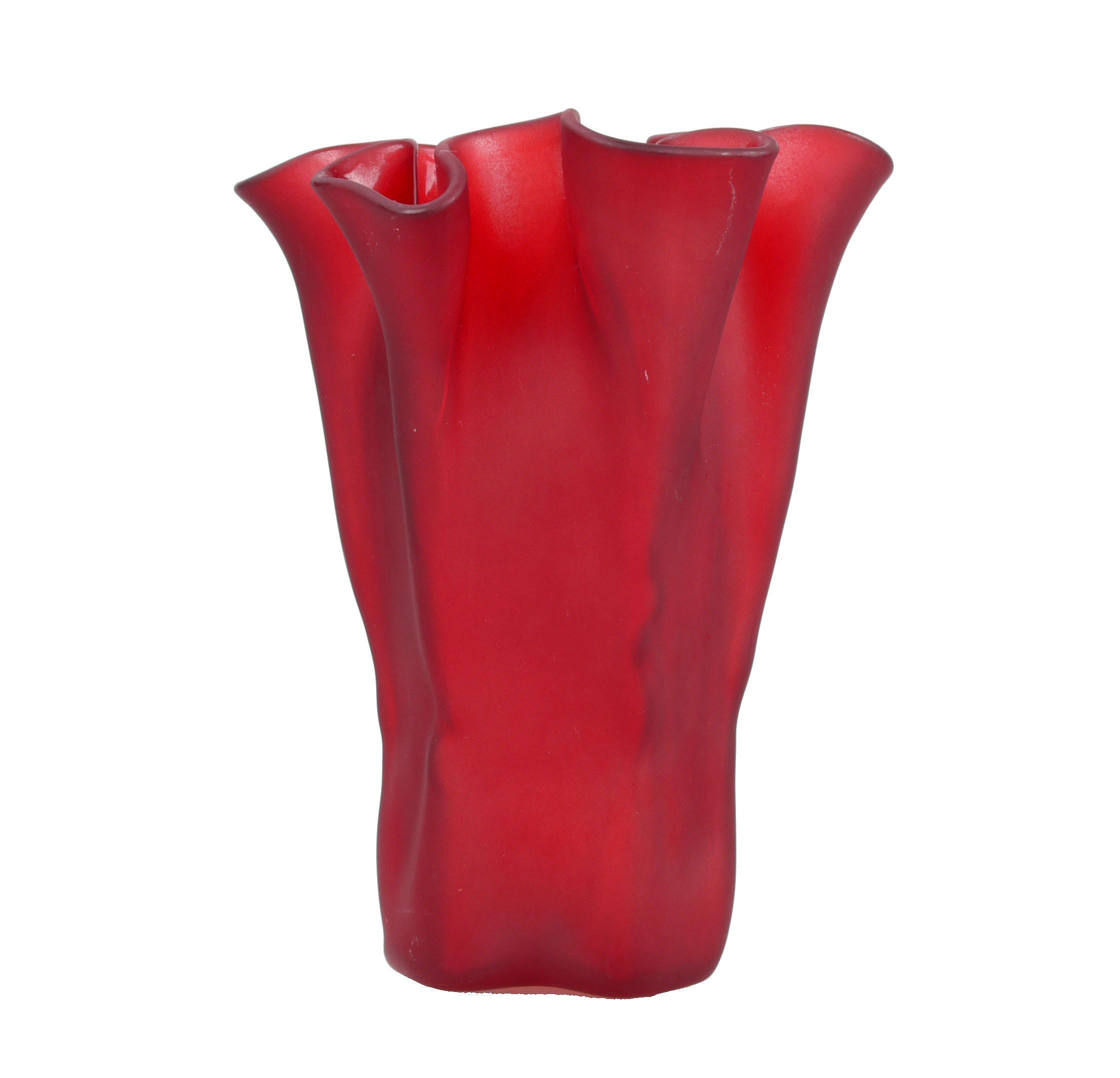 Gorgeous Scandinavian Modern blown, and Hand painted Muurla Red Art Glass Ruffled Handkershief Vase made in Finland. 
Makers Mark on Top of Vase. This Fazzoletto Style Vase brings joy to any Family Gathering.