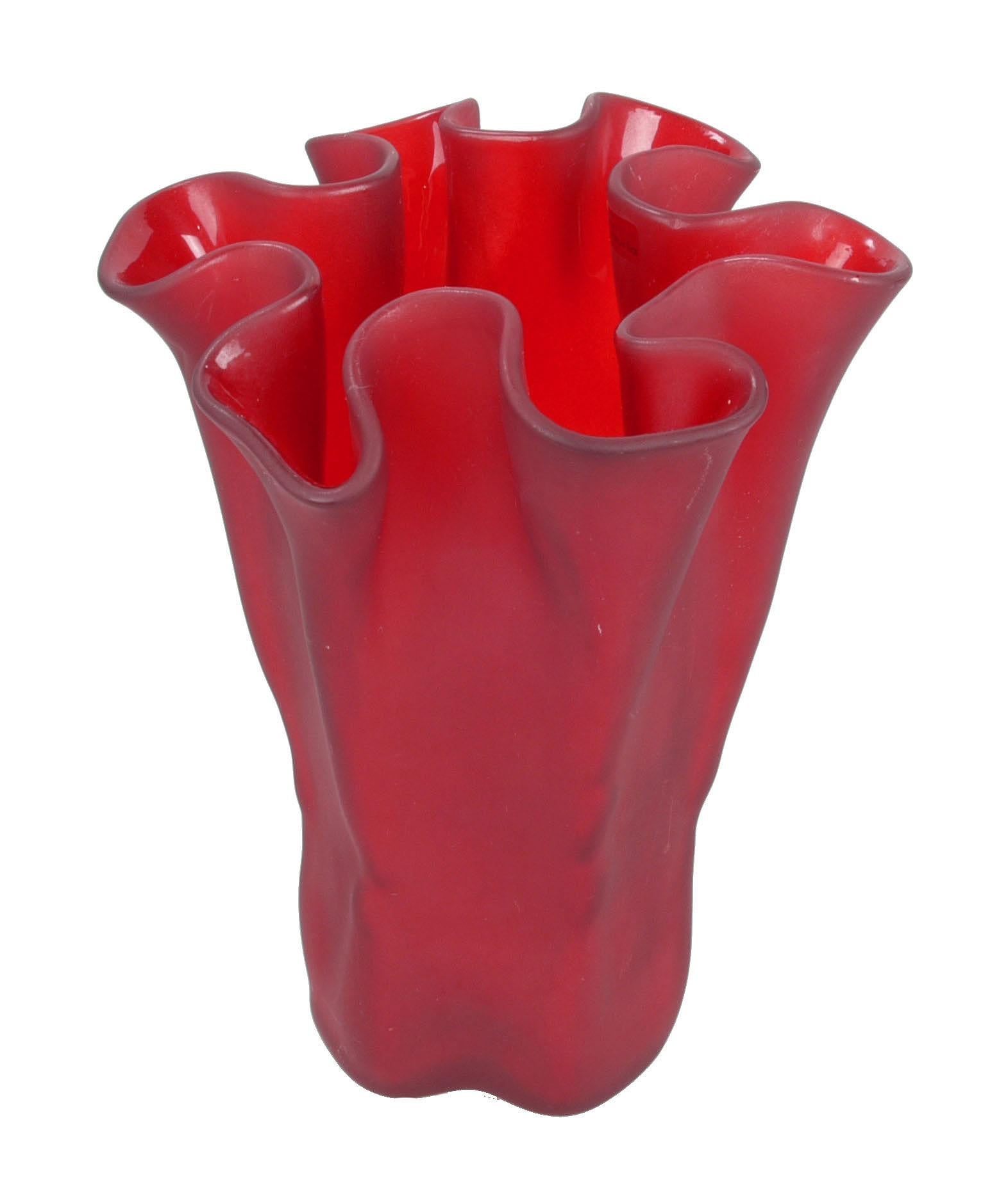 Hand-Crafted Muurla Red Art Glass Ruffled Handkerchief Vase Scandinavian Modern Finland For Sale