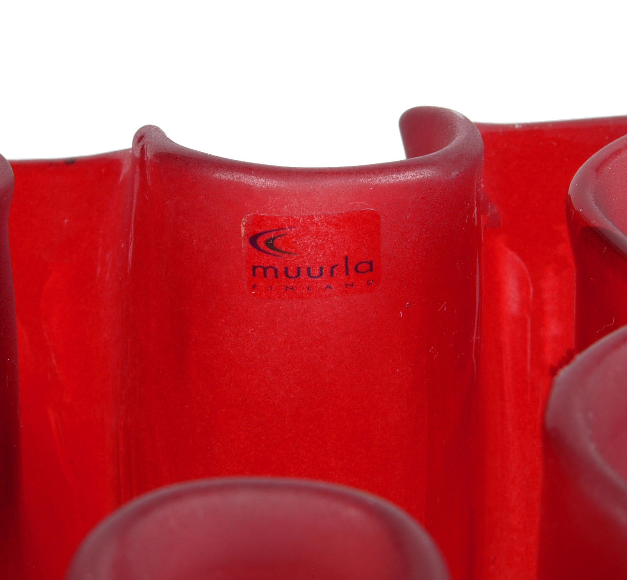 20th Century Muurla Red Art Glass Ruffled Handkerchief Vase Scandinavian Modern Finland For Sale