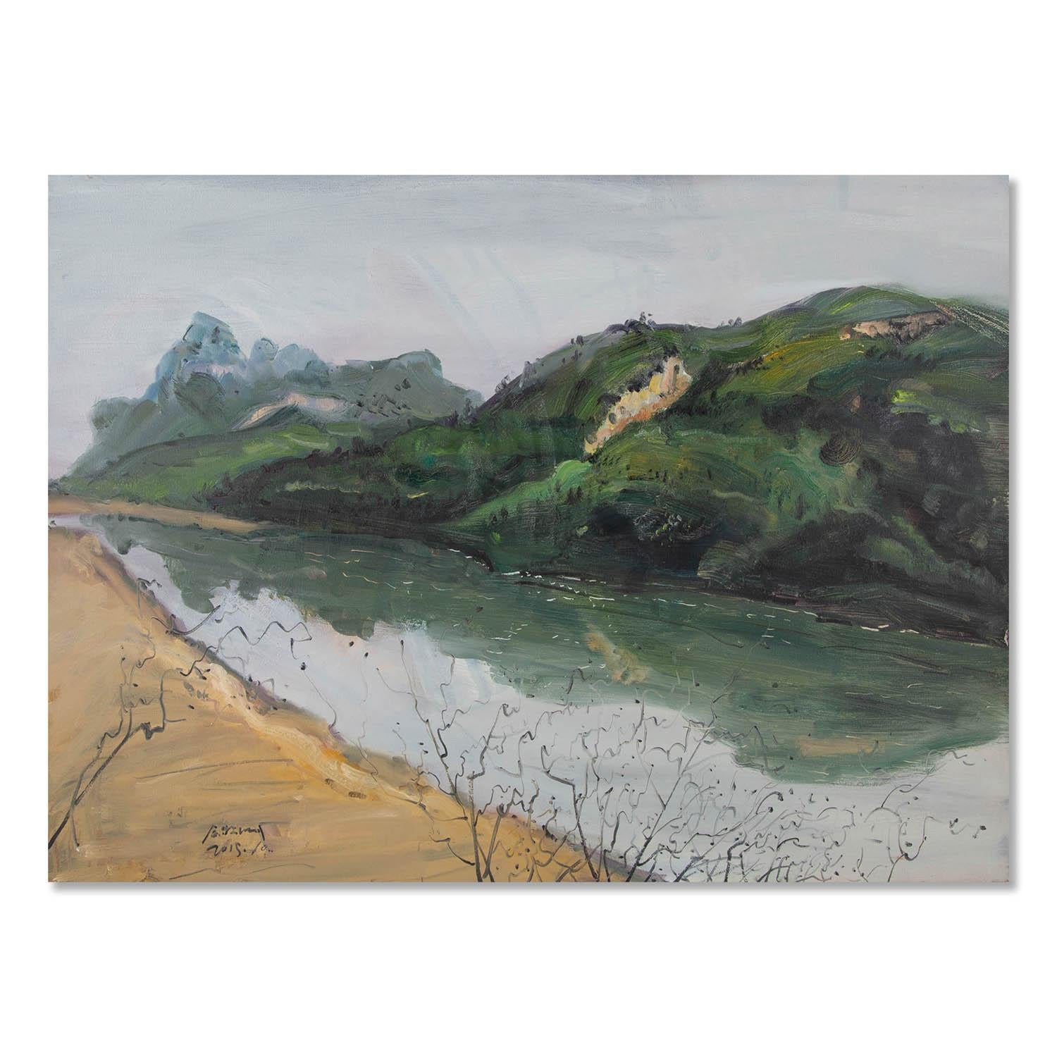  Título A este lado de la montaña
 Técnica: Óleo sobre lienzo
 Tamaño: 23 x 31 pulgadas
 Marco: Opciones de enmarcado disponibles
 Estado de conservación: El cuadro parece estar en excelentes condiciones.
 
 Año: 2015
 Artista: Muzhou Yu 
 Firma: